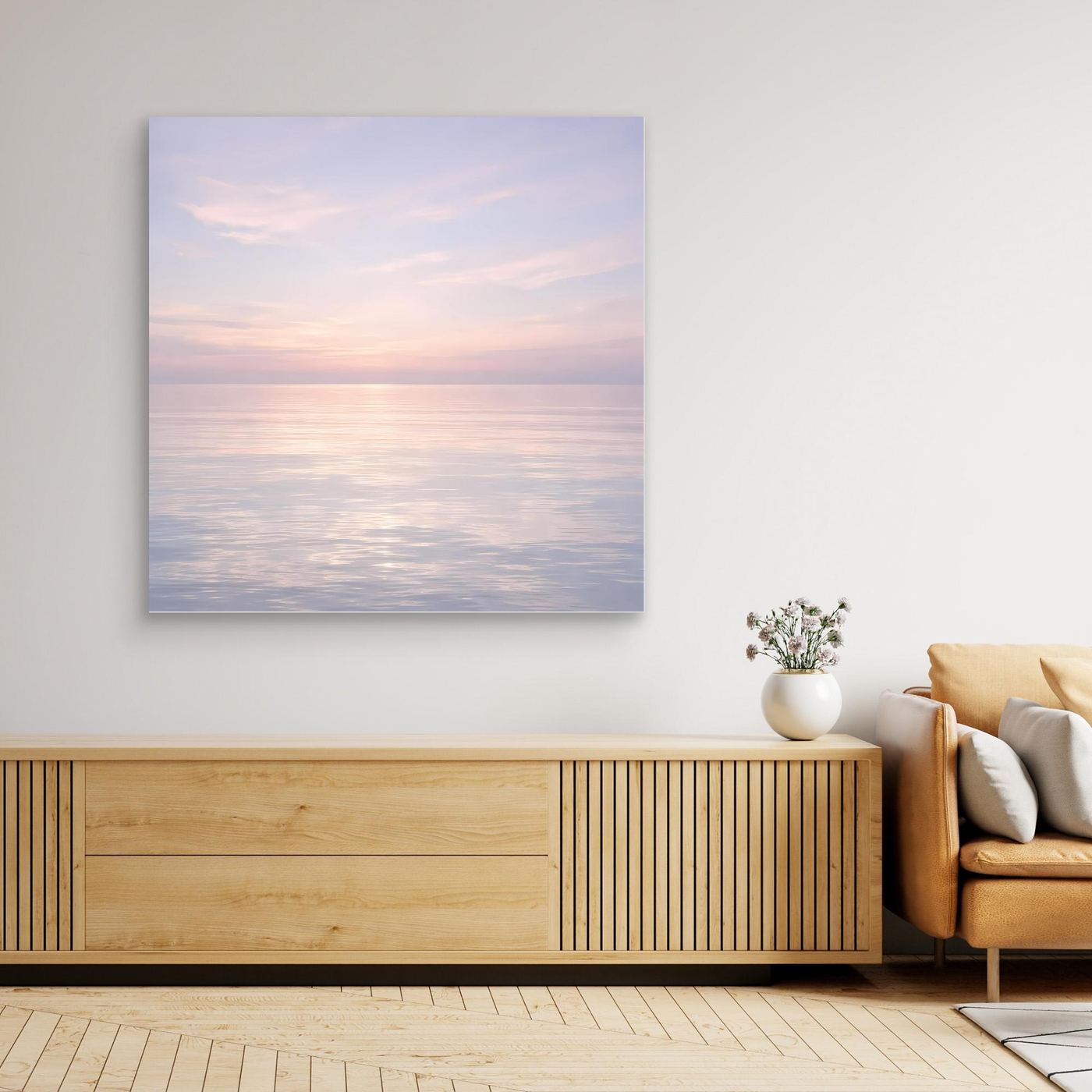 Wandbild mit hellem Rand: ruhiges Pastellmeer im Sonnenuntergang