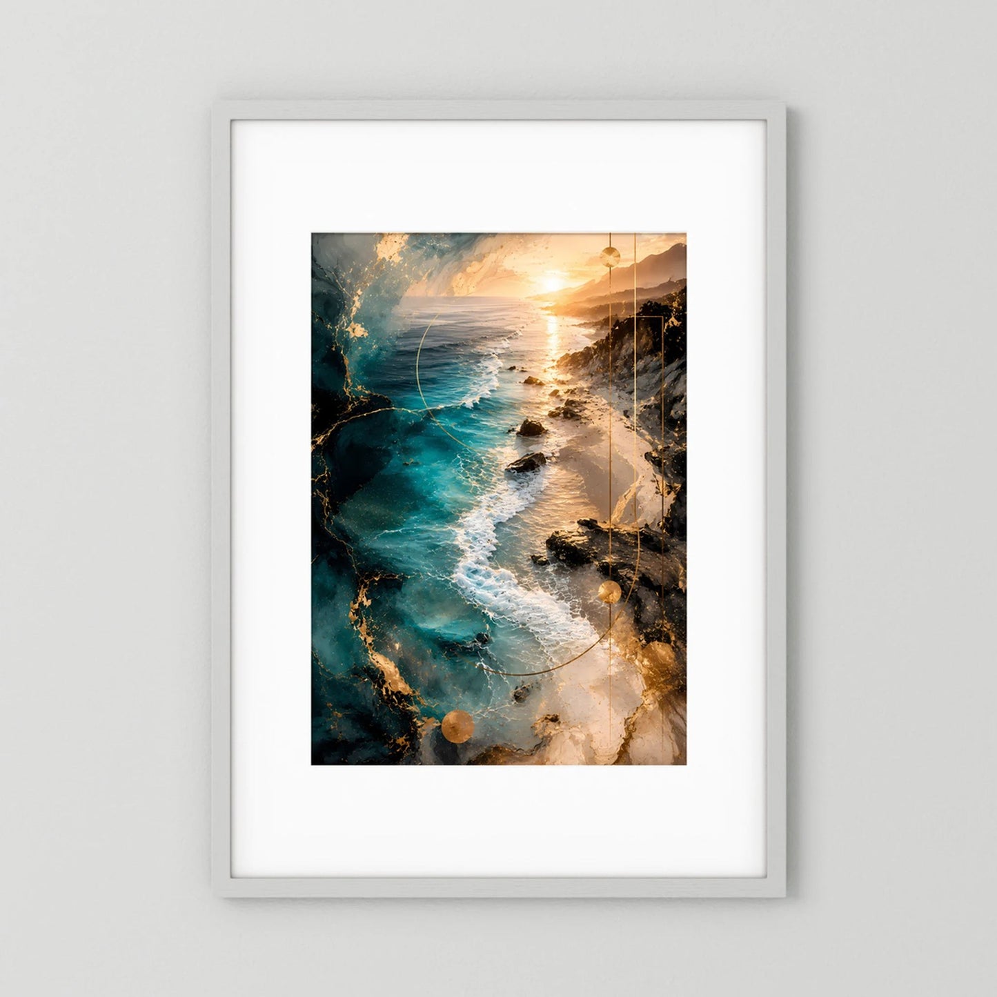 Weiß gerahmtes Hochformat-Poster mit abstrakter Meeresküste in Türkis und Gold