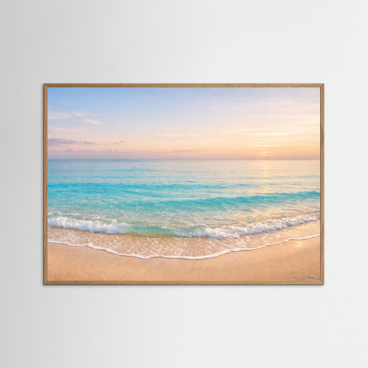 Poster mit Strand- und Meerbild im Querformat, naturbrauner Holzrahmen