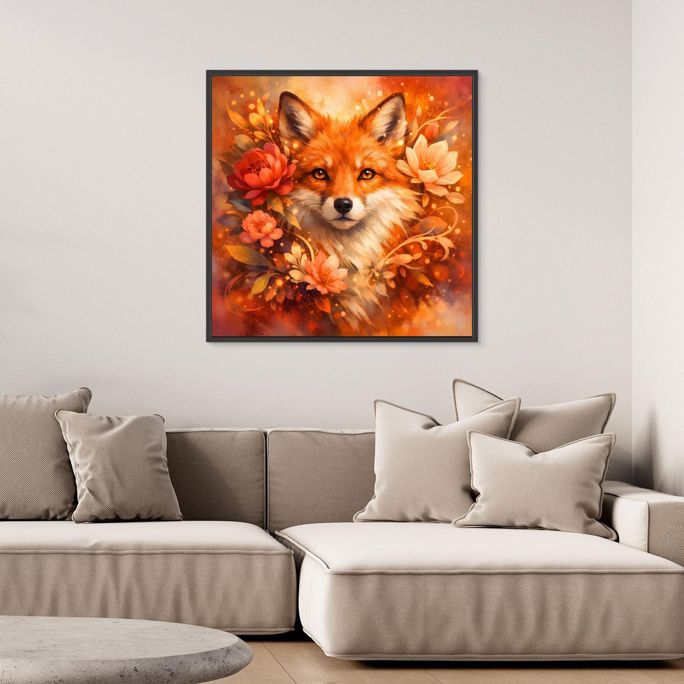 Leinwandbild mit Fuchs im Blumenkranz, orangefarbenes Motiv, dunkler Rahmen