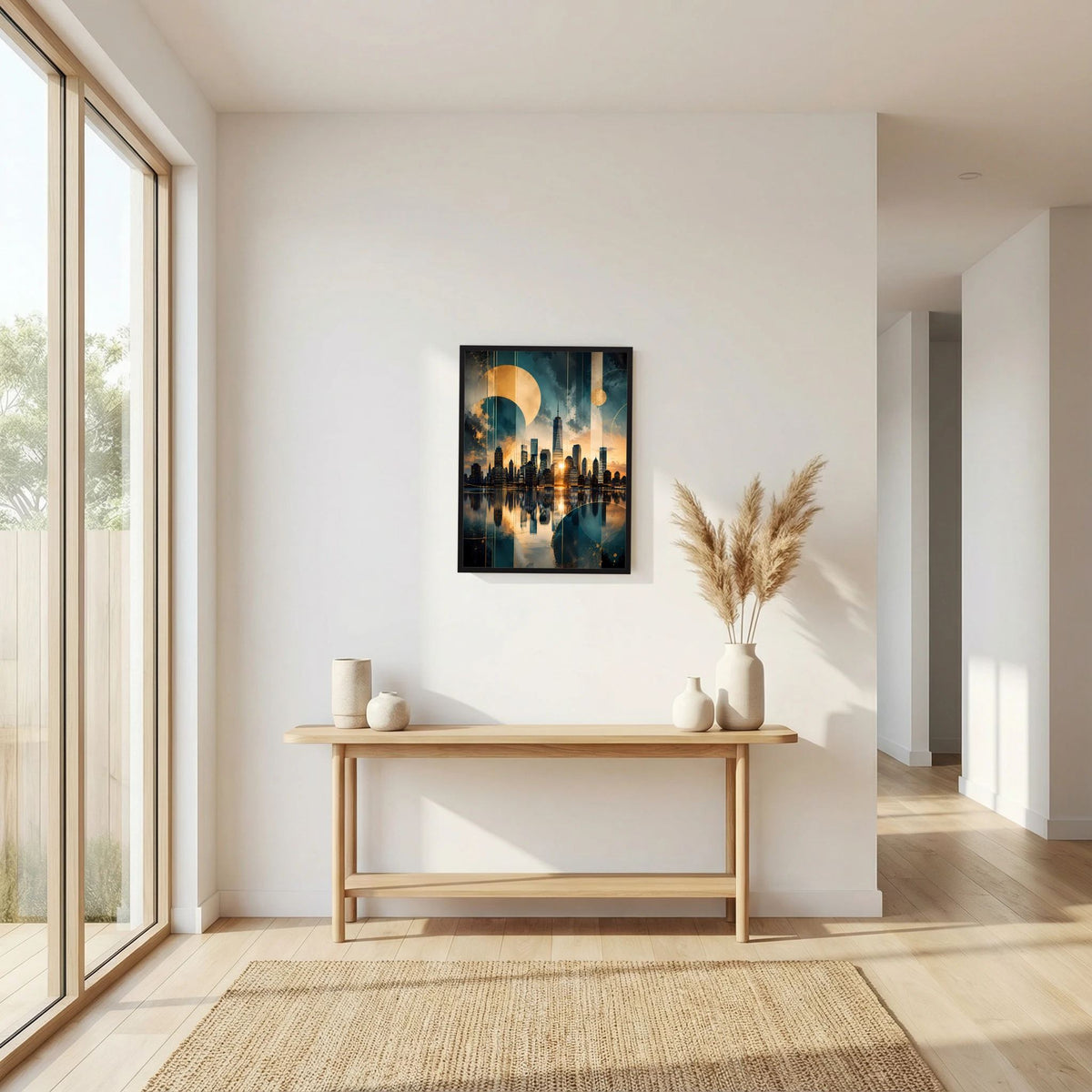 Hochformatiges Skyline-Poster im schwarzen Rahmen, goldener Bogen über petrolfarbener Stadtlandschaft