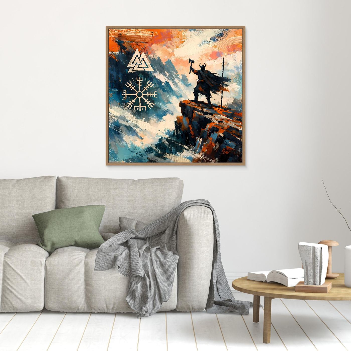 Kleines, hellbraun gerahmtes Leinwand-Wandbild mit Vegvisir-Symbol und Wikingerkrieger