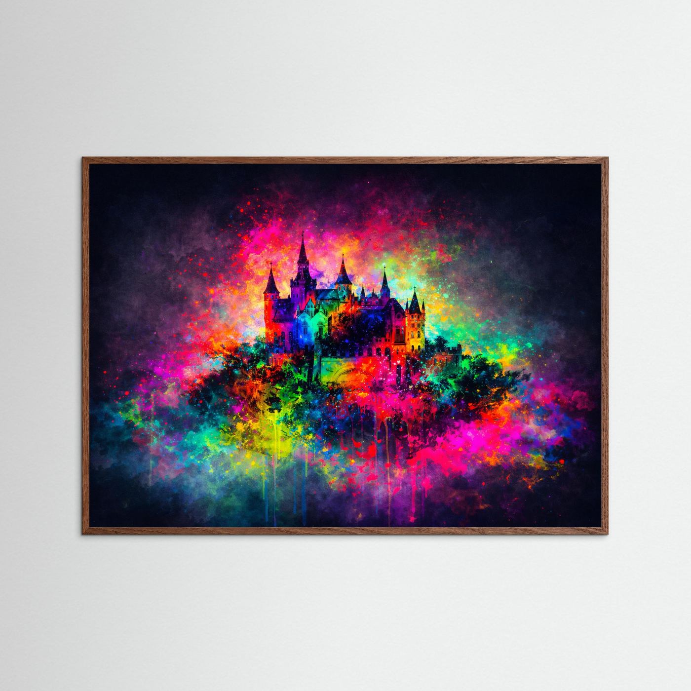 Buntes Märchenschloss im Farbexplosion-Stil | Abstrakte Kunst Poster Querformat