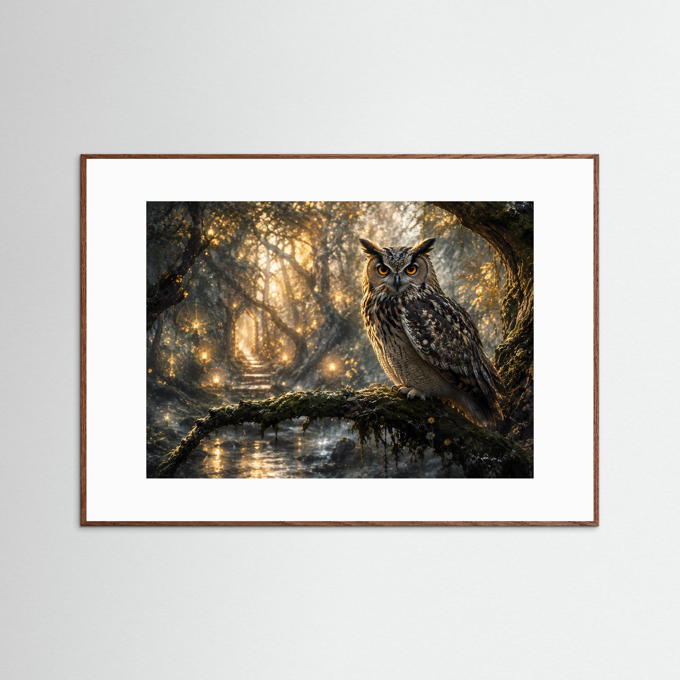 Poster mit Eule im Wald am Bach, goldene Lichter; brauner Holzrahmen