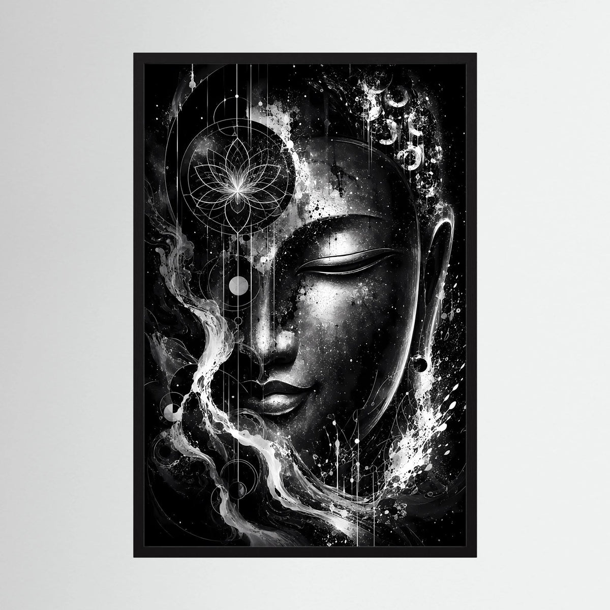 Poster mit abstraktem Buddha-Gesicht in Schwarzweiß, schwarzer Rahmen, Hochformat