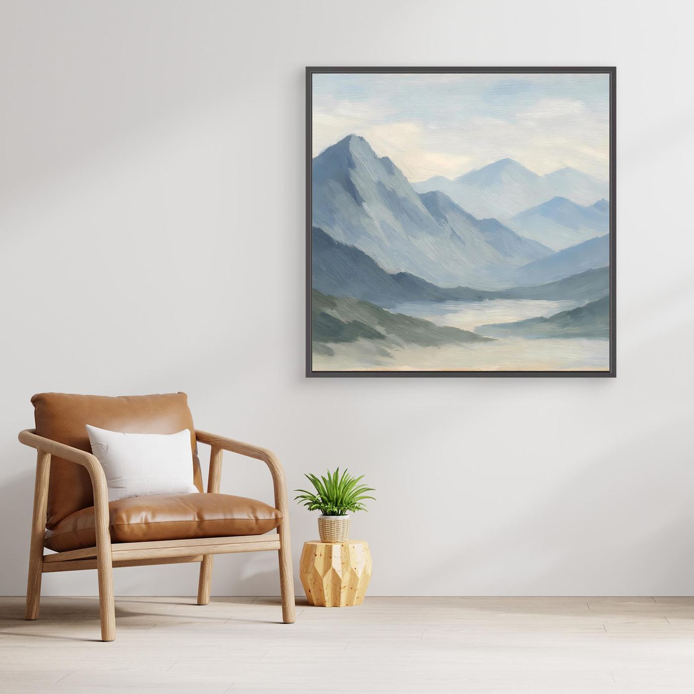 Leinwandbild Berglandschaft im Nebel, hellblau, mit schwarzem Rahmen