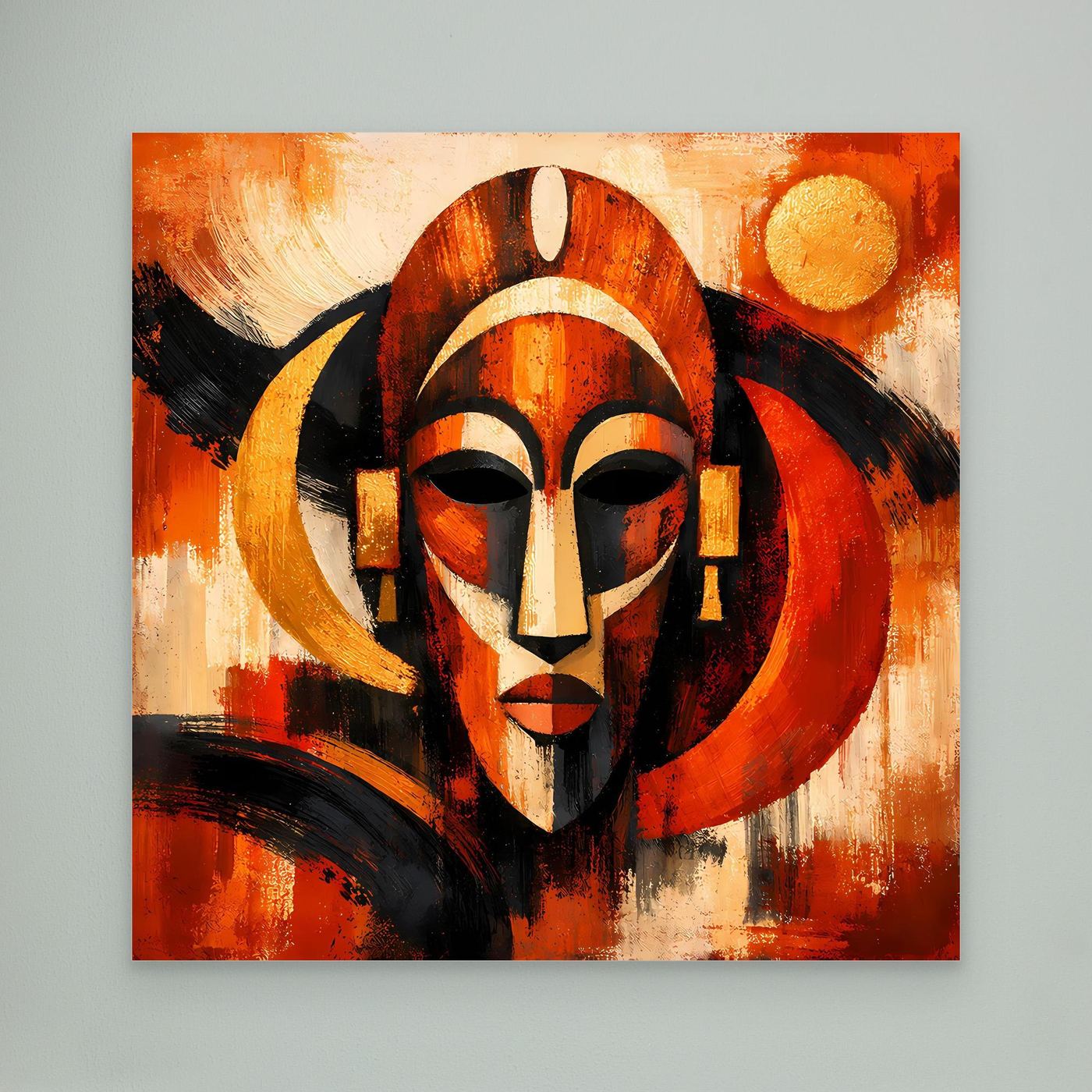 Abstraktes afrikanisches Masken-Wandbild, rote, orange und schwarze Farbflächen