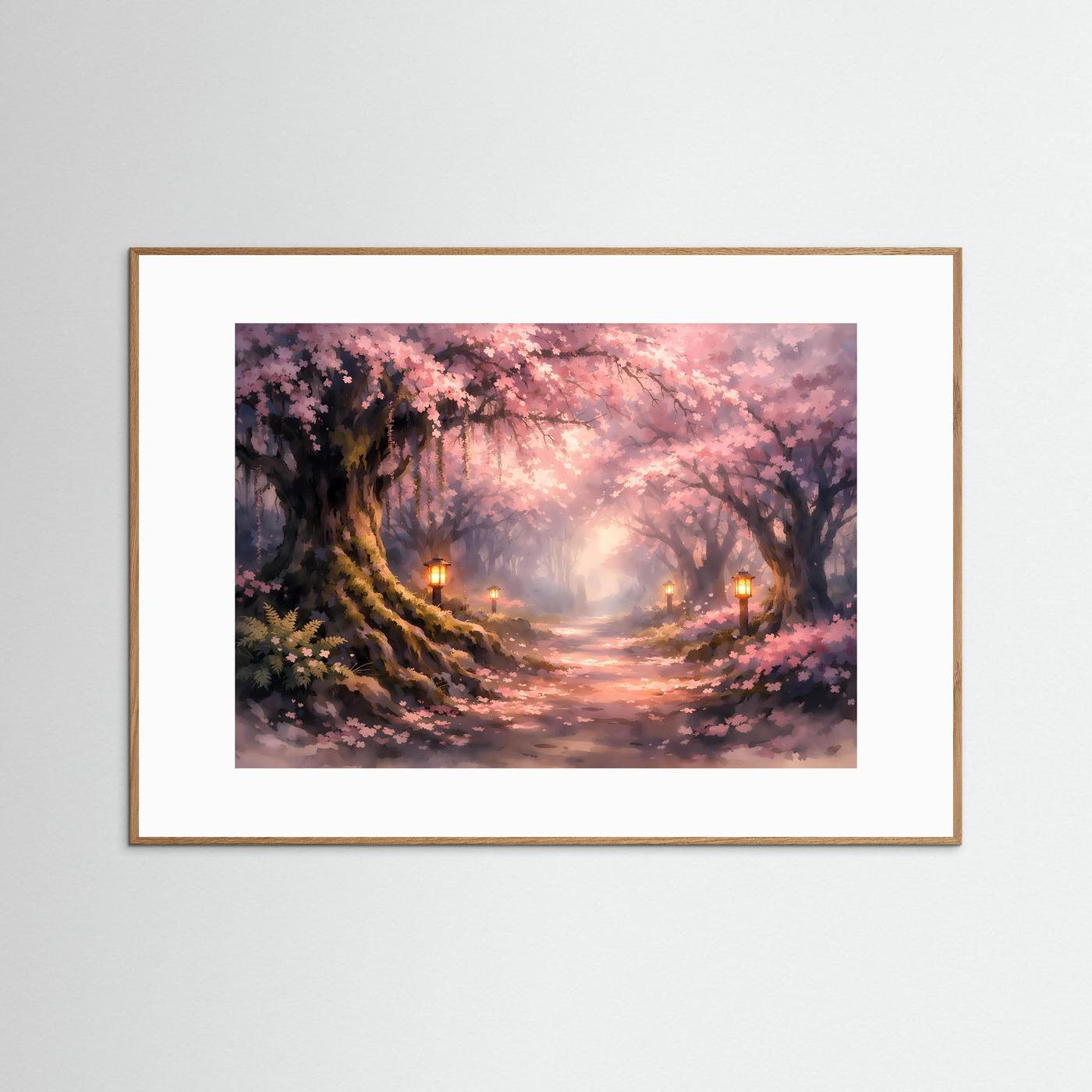 Märchenhafter Kirschblütenweg | Rosa Kirschblüte & Lanternen Poster Querformat