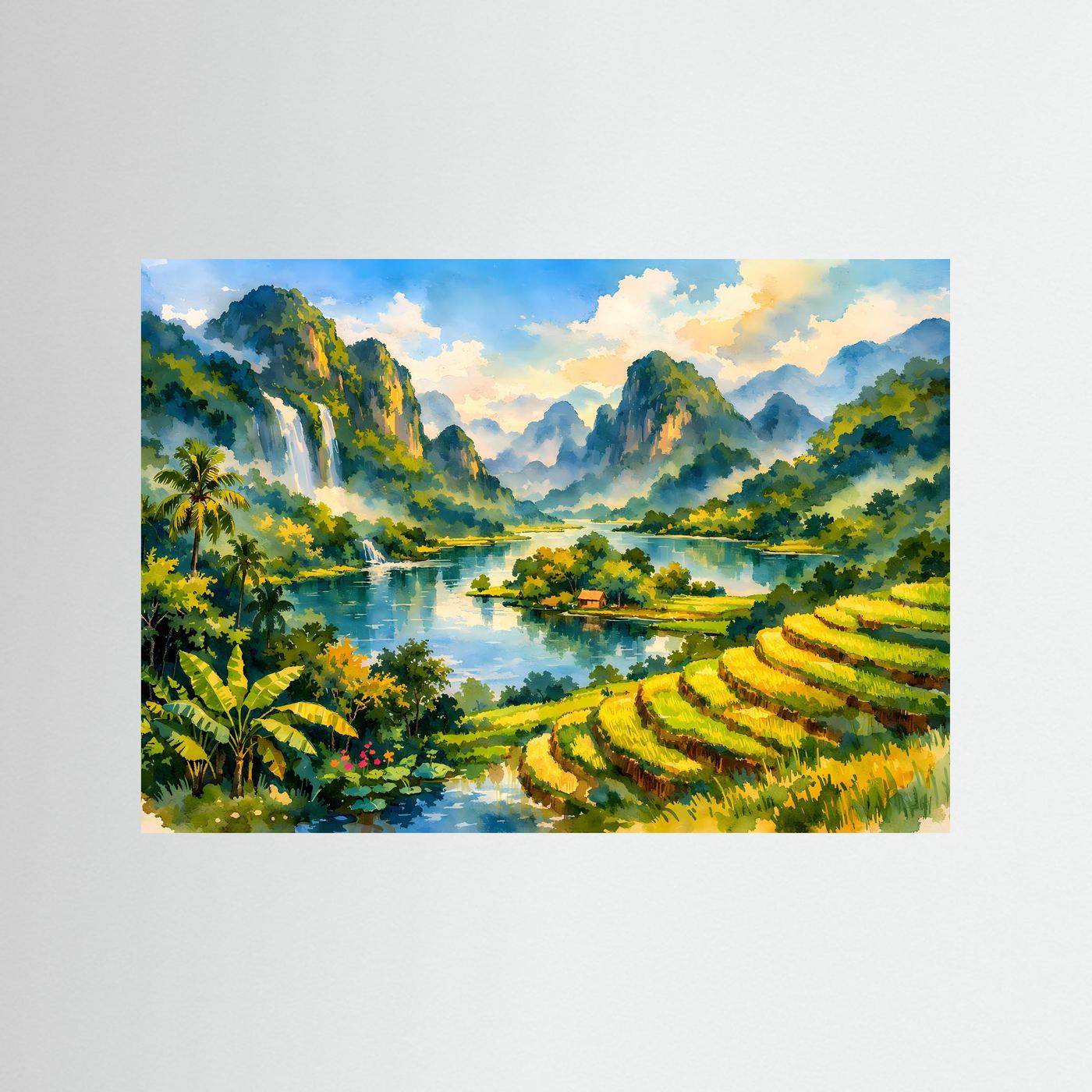 Malerische Reisterrassen am Fluss | Asien Natur & Landschaft Poster Querformat