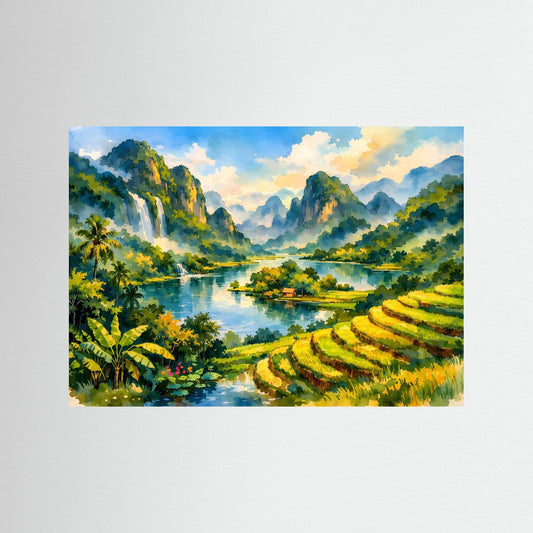 Querformat-Poster mit Landschaft: Fluss, Berge, grüne Reisterrassen und Himmelwolken