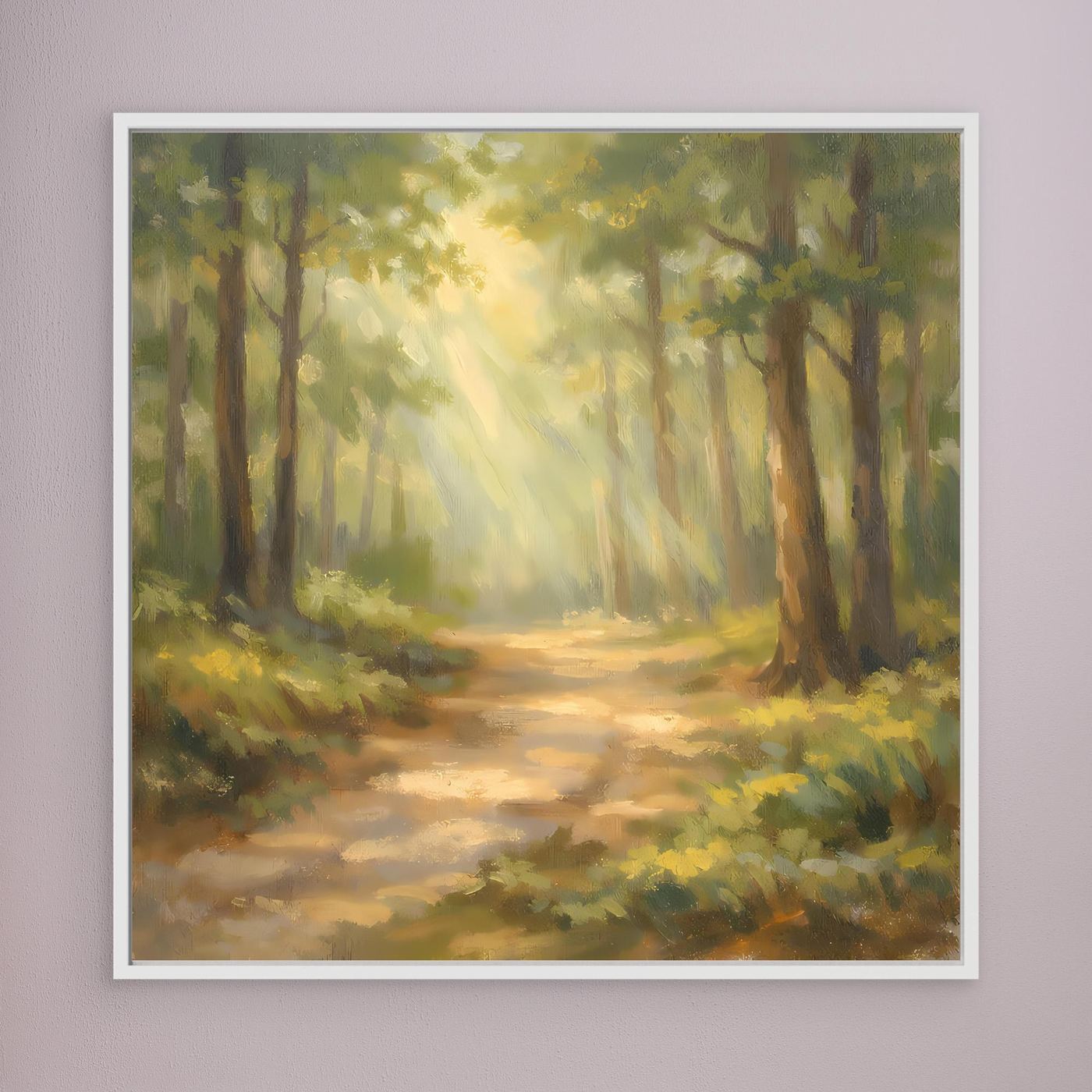Leinwandbild Waldweg im Sonnenschein, weißer Rahmen