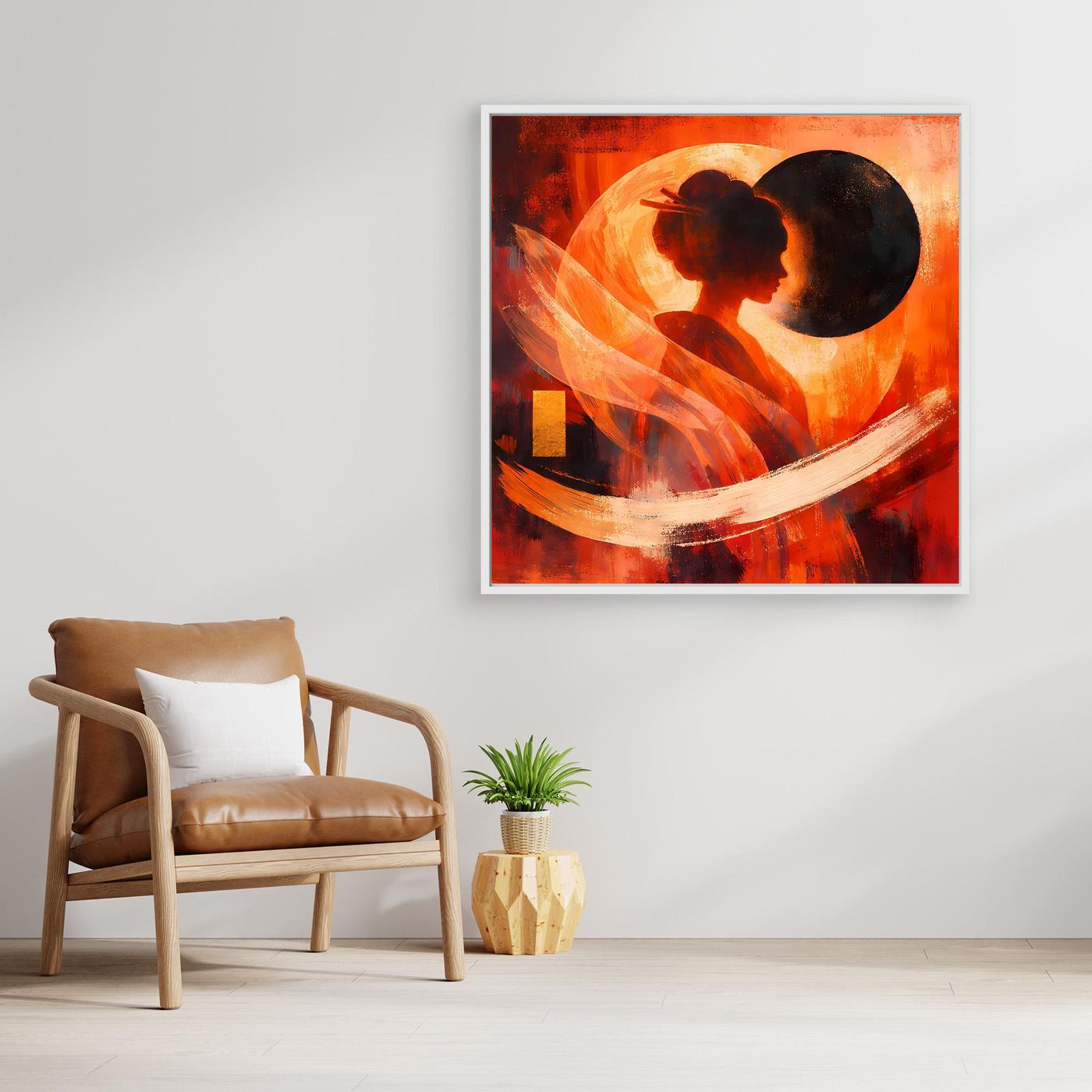 Leinwandbild mit Geisha-Silhouette, abstraktem rotem Sonnenmotiv, heller Rahmen