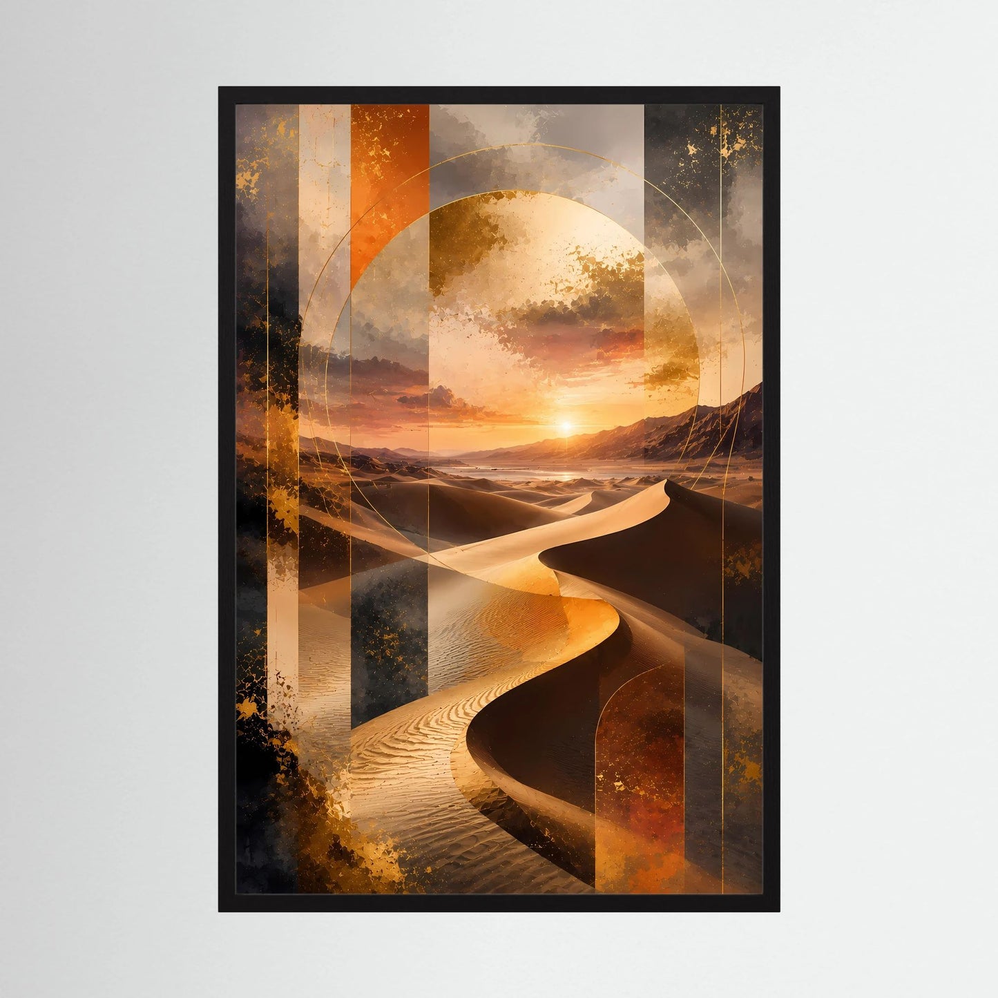 Poster im schwarzen Rahmen mit abstrakter Wüstenlandschaft, goldene Dünen und Sonnenuntergang