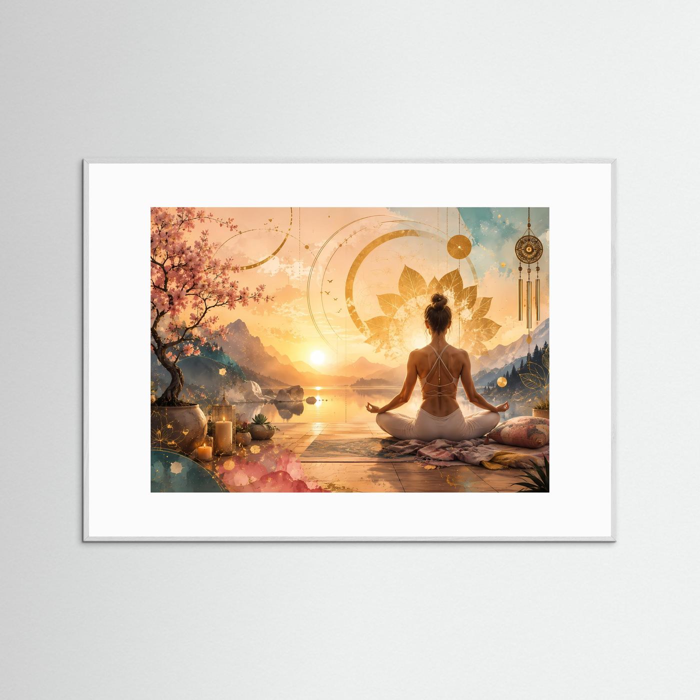 Meditierende Frau am Bergsee | Yoga, Lotus & Sonnenuntergang in Gold und Pastell