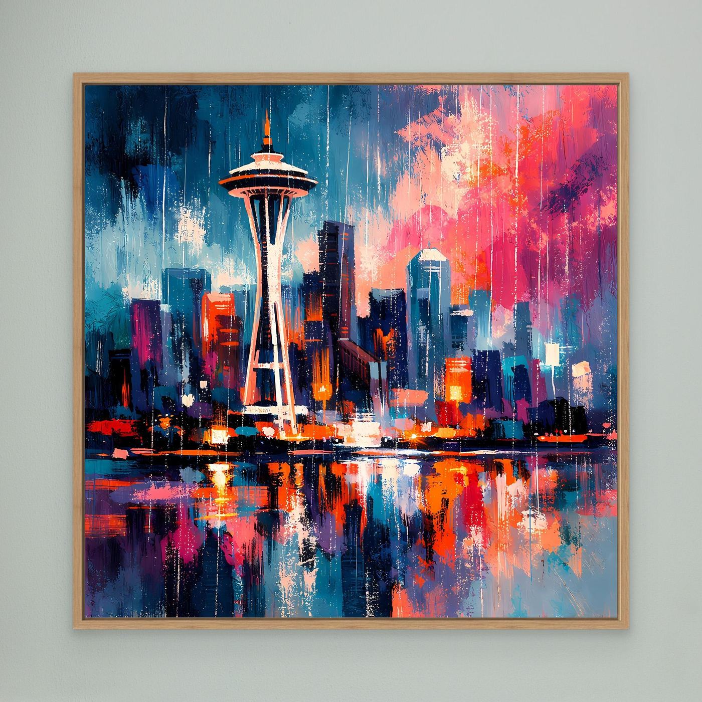Wandbild Space Needle mit Holzrahmen, abstrakte Skyline in Blau und Pink