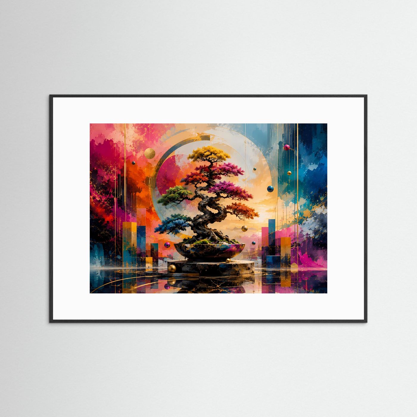 Farbenfroher Bonsai in Gold, Pink & Blau | Abstrakte moderne Zen-Wandkunst
