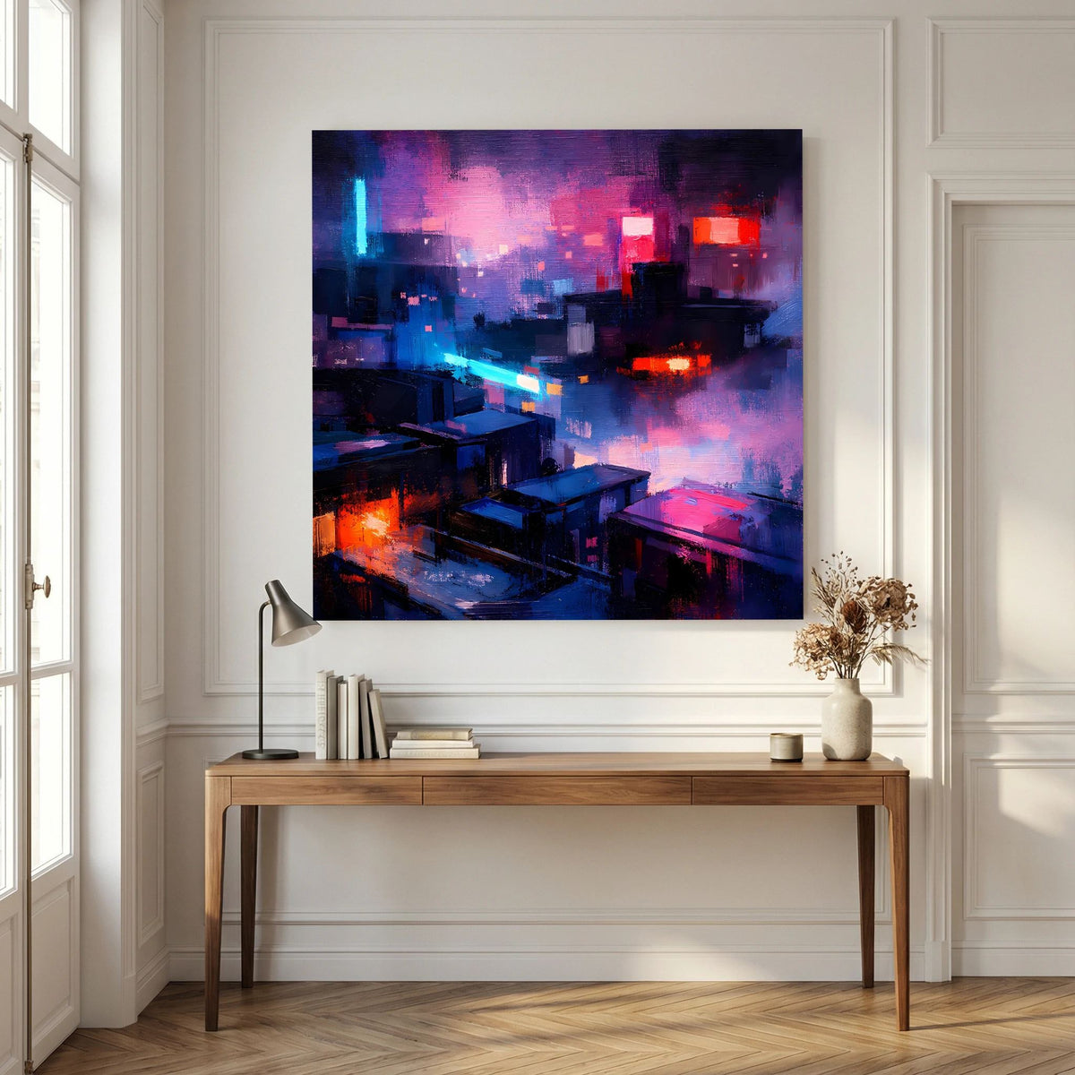 Wandbild auf Leinwand mit Neon-Stadt bei Nacht, rote und blaue Lichter, dunkler Rahmen