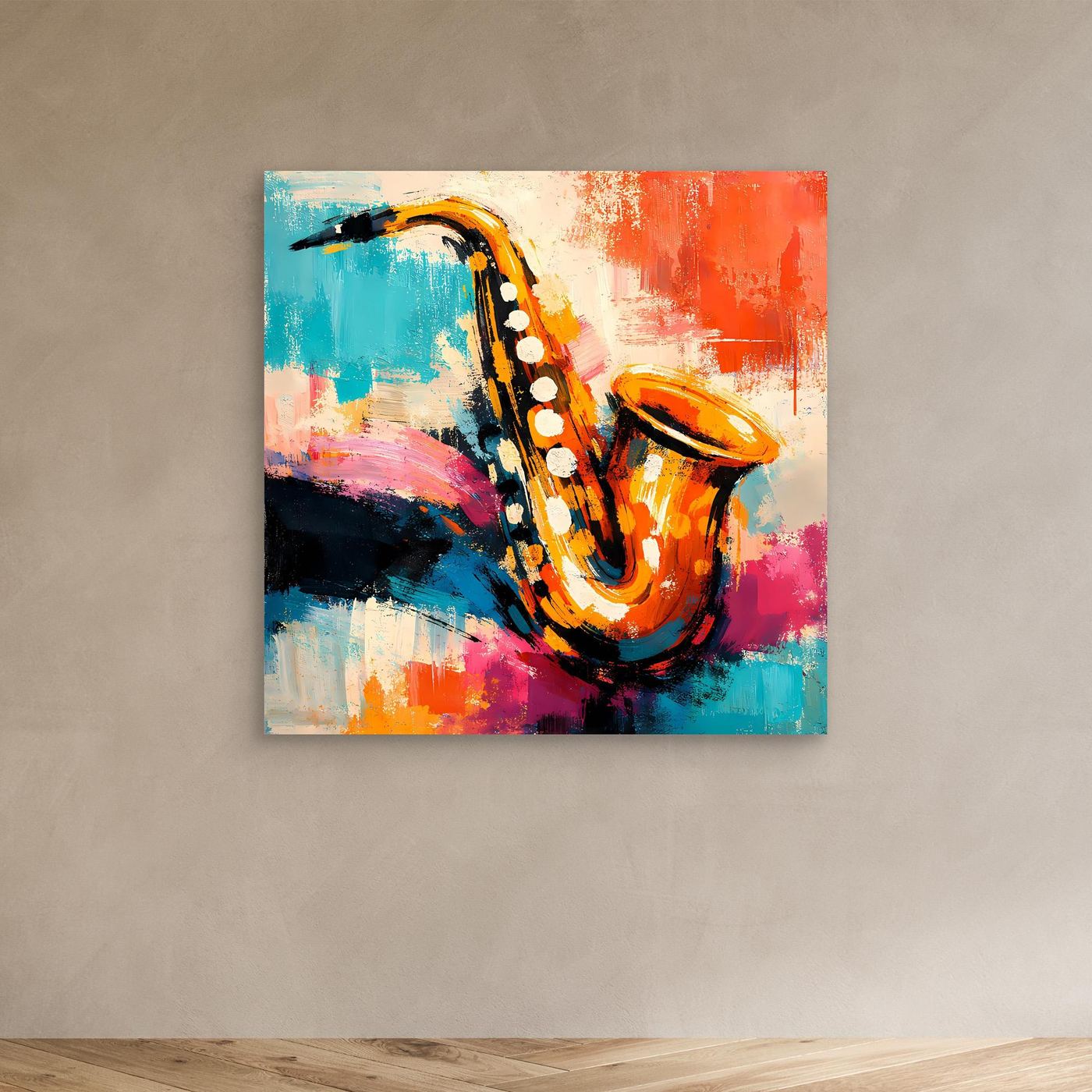 Abstract saxophone wall art in blue, orange, and pink with white keys, unframed
