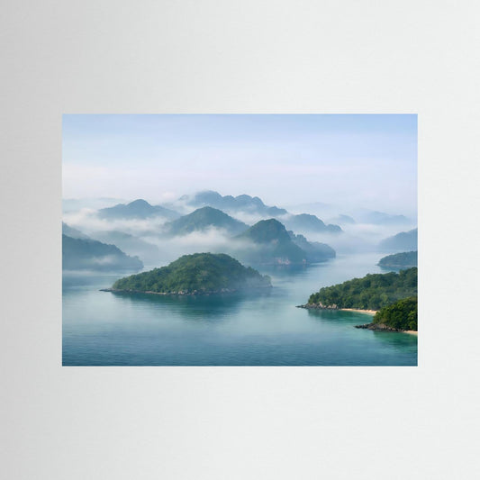 Poster mit Fjordlandschaft: ruhiges Wasser, bewaldete Inseln und Nebelberge im Querformat