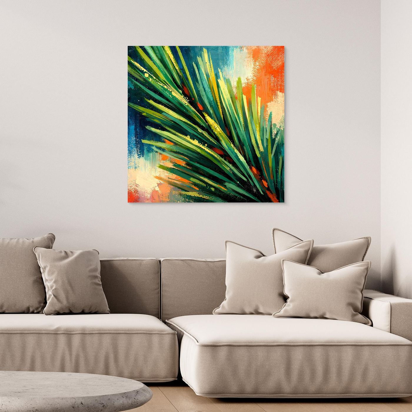 Quadratisches Leinwand-Wandbild mit abstrakten grünen Pinselstrichen und blau-orangen Flächen