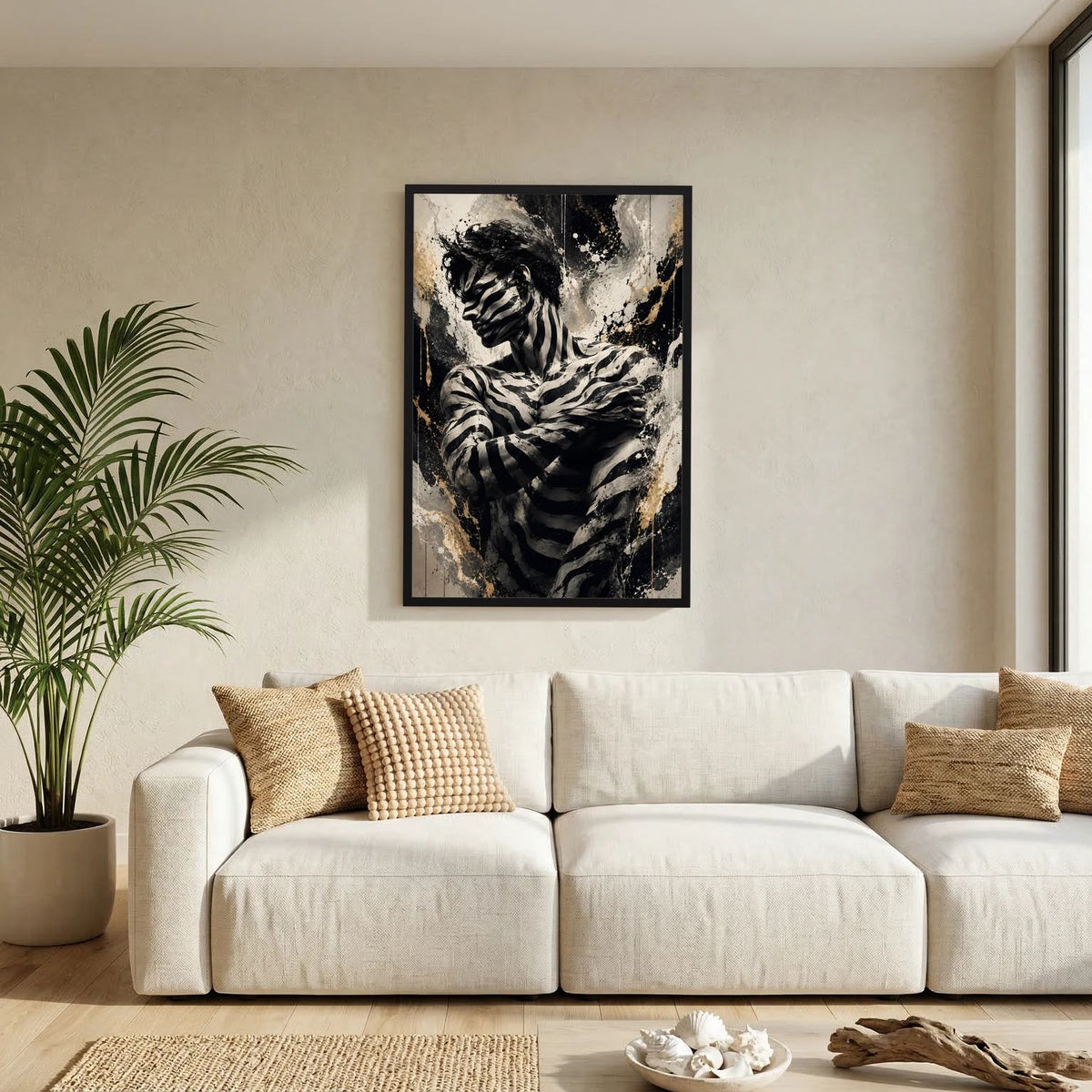 Zebra-Mann Poster mit Zebra-Streifen, Schwarz-Gold-Optik und schwarzem Rahmen