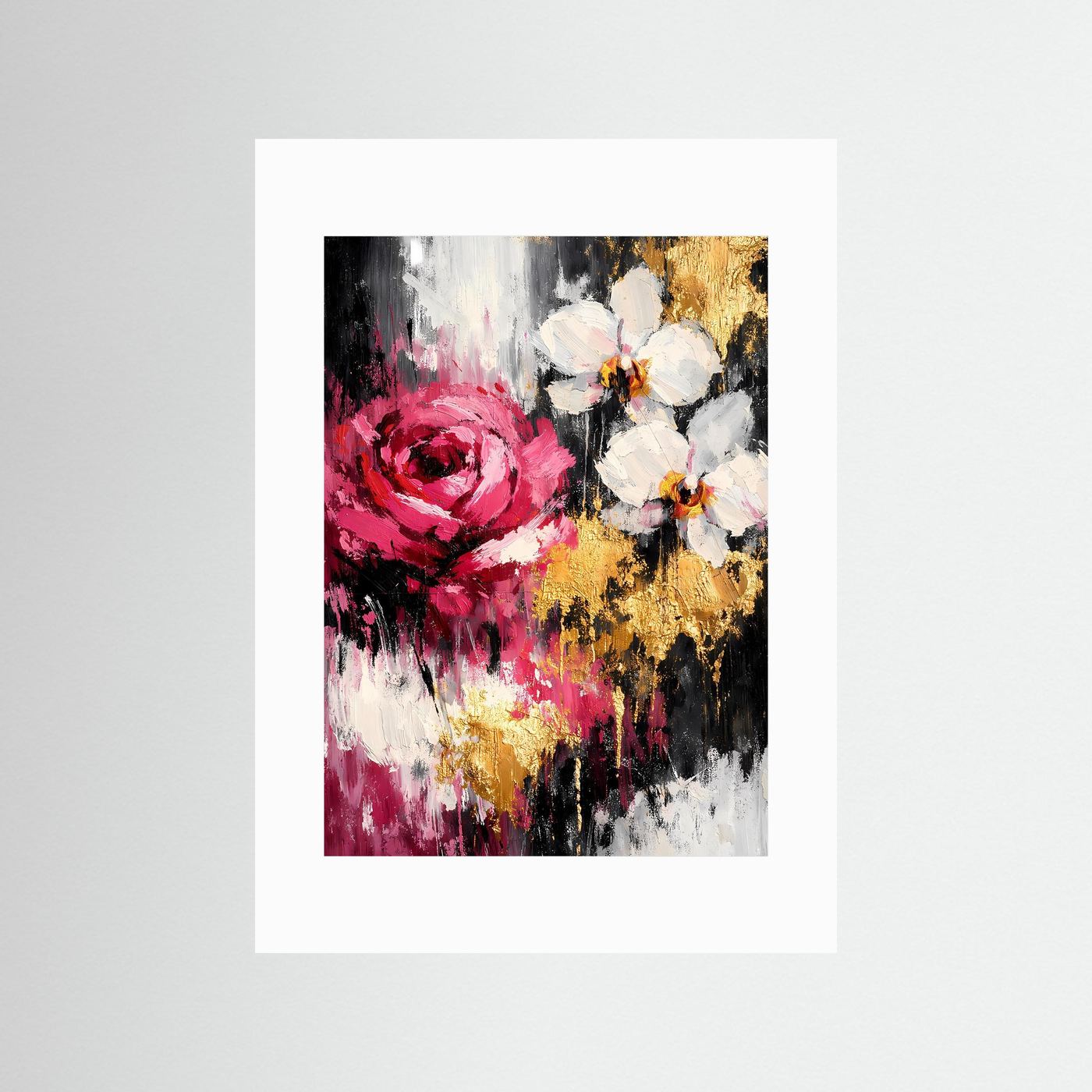Abstraktes Blumenposter ohne Rahmen, mit weißem Passepartout: rote Rose, weiße Blüten