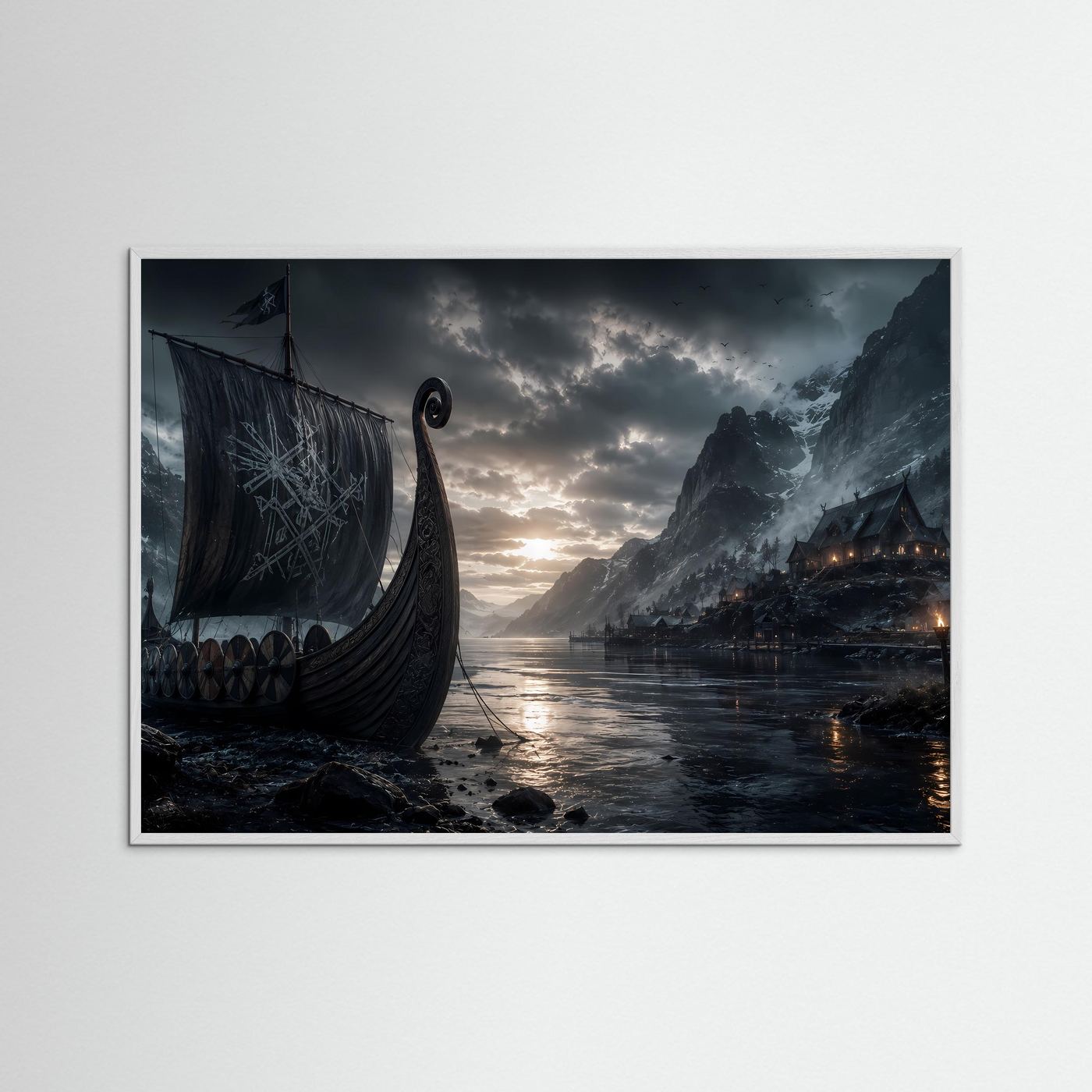 Wikinger im Fjord | Mystisches Langschiff zwischen Bergen – Nordische Wandkunst