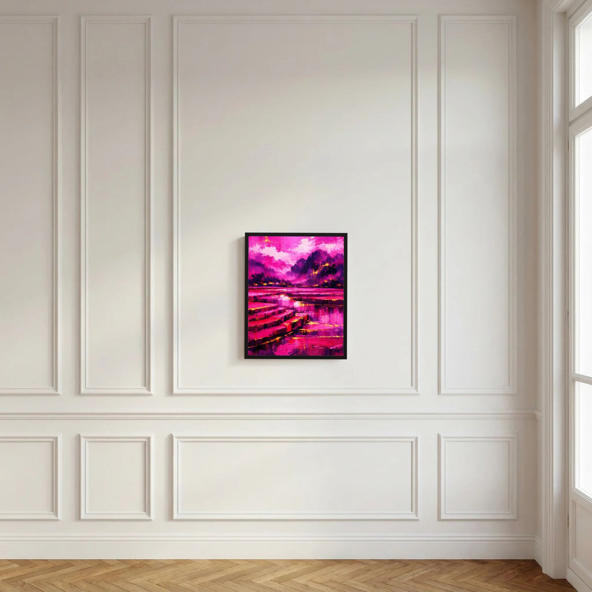 Gerahmtes abstraktes Landschafts-Poster in Pink und Magenta an heller Wand