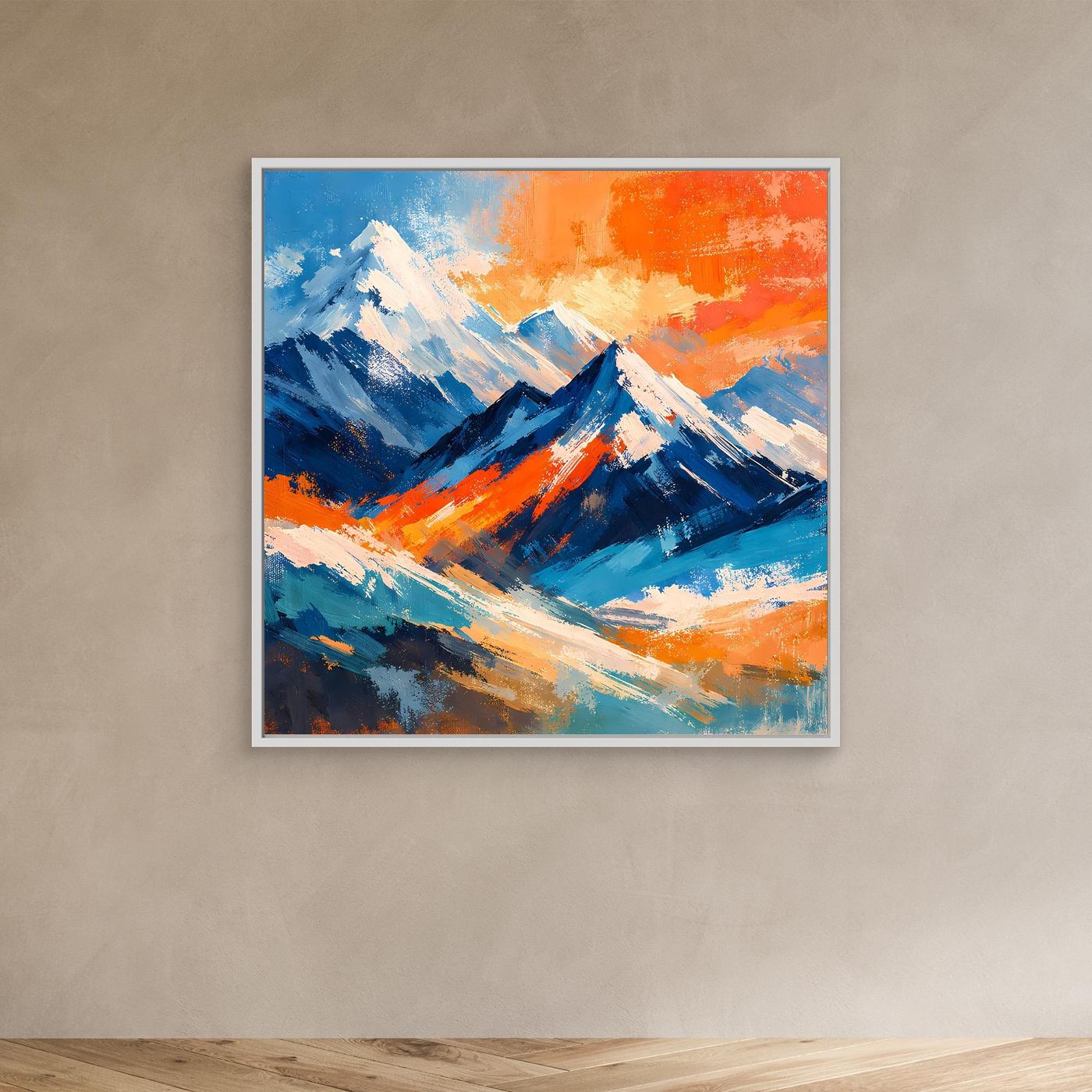 Abstraktes Leinwandbild mit Berggipfeln in Blau- und Orange-Tönen, weiß gerahmt.