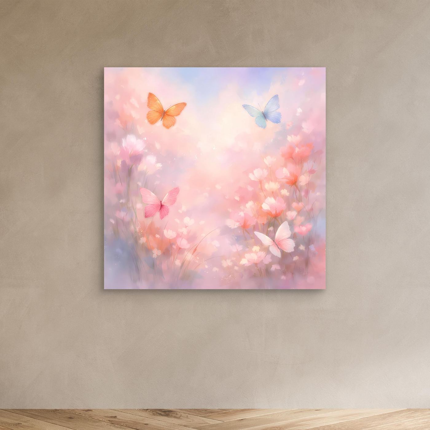 Quadratisches Leinwandbild mit Schmetterlingen im Pastellrosa