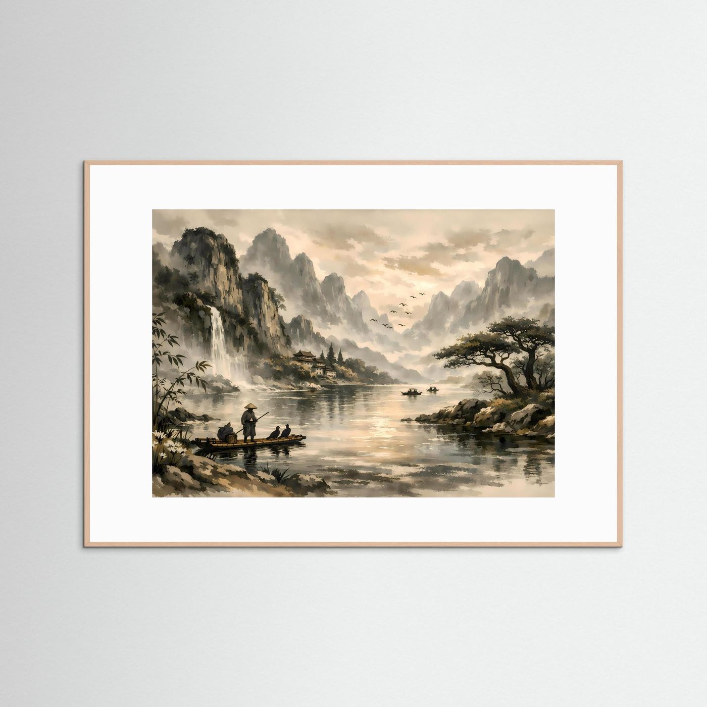 Traditionelle Asiatische Flusslandschaft | Sepia & Natur Kunst Poster Querformat