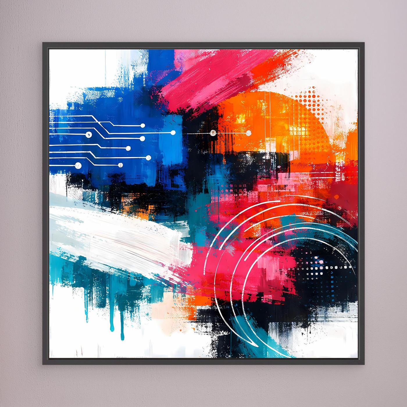 Abstract canvas wall art with blue, red, orange blocks, circuit lines, and red arc rings; black frame