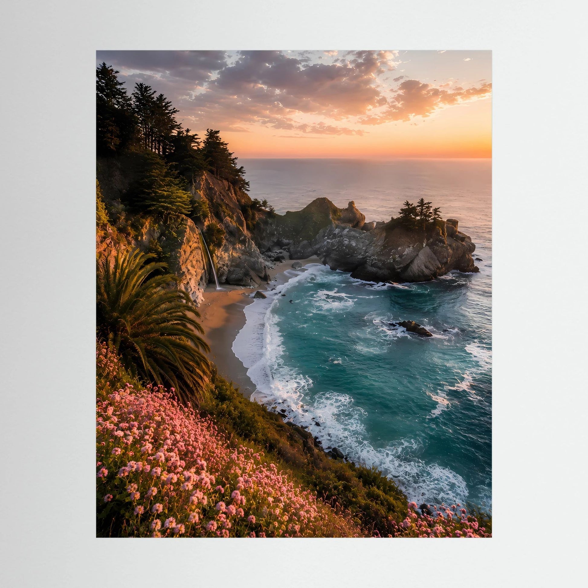 Hochformatiges Kunstposter mit Felsküste, türkisblauem Meer, Wellen und Blumen am Strand