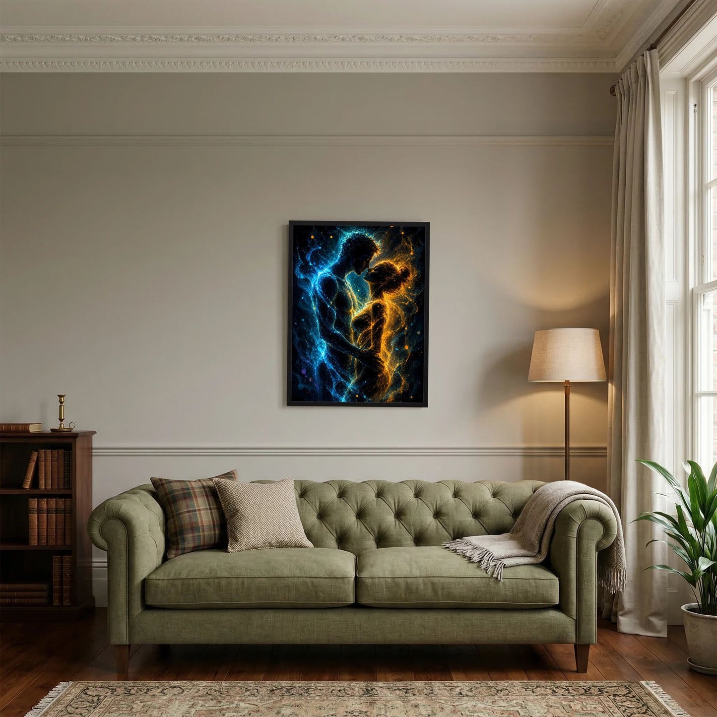 Poster im Hochformat mit abstraktem Paar in Blau und Gold, schwarzer Bilderrahmen