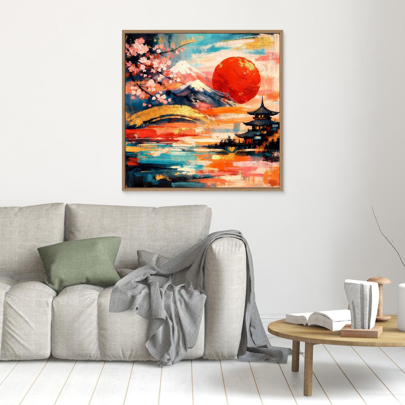 Kleines Leinwandbild mit abstraktem Fuji-Motiv: Kirschblüten, rote Sonne und Pagode