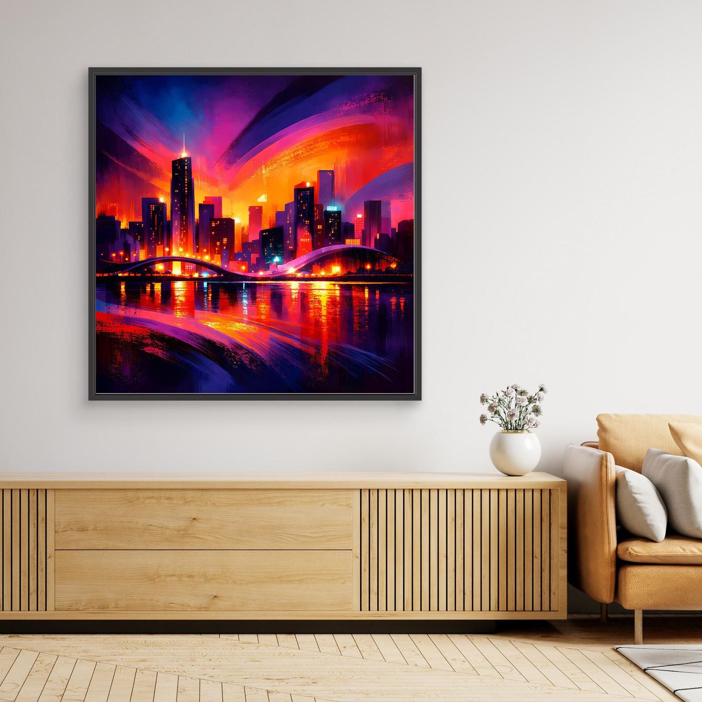 Gerahmtes Leinwand-Wandbild mit Neon-Skyline bei Nacht, farbige Lichter und dunkler Rahmen