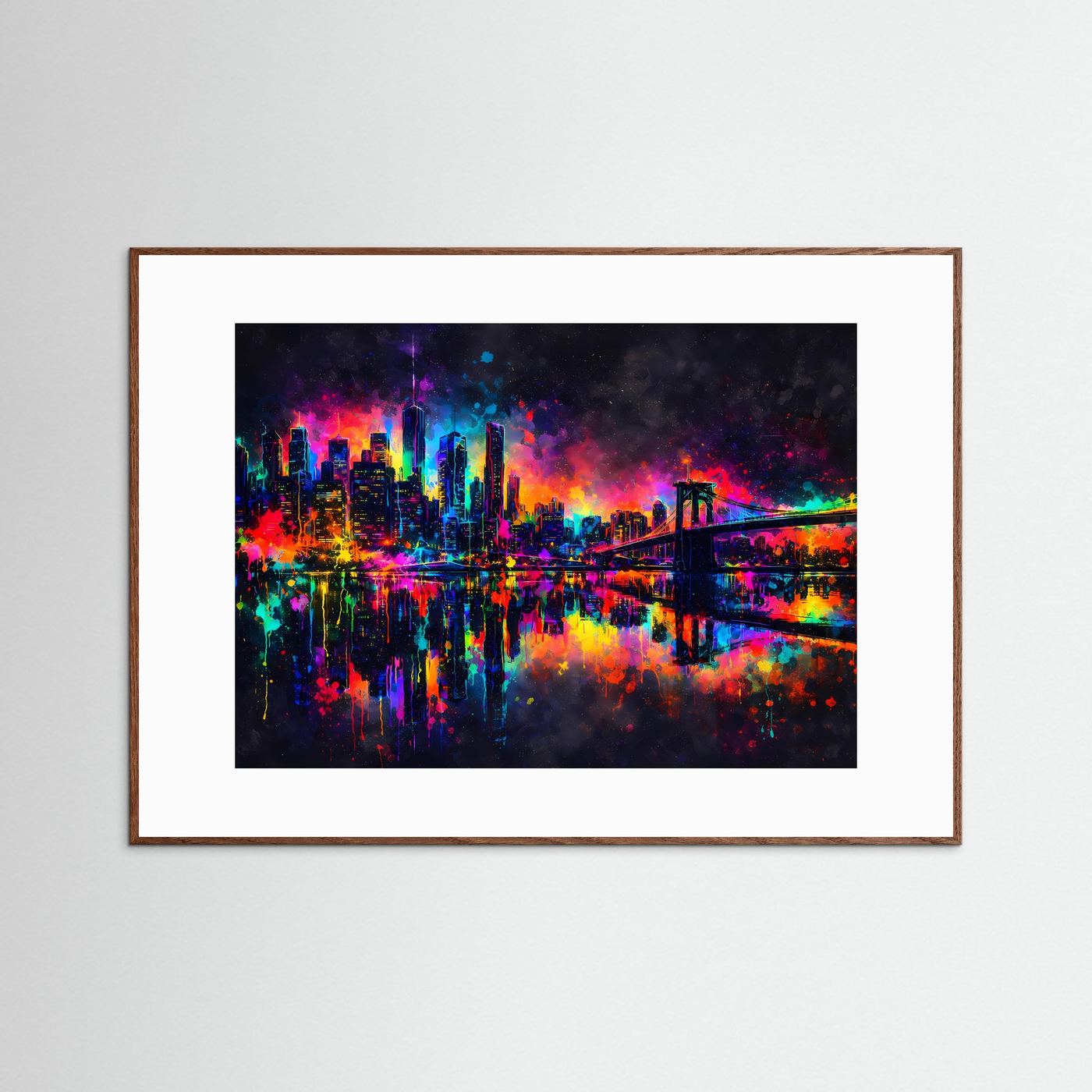 Wandbild Skyline bei Nacht in Neonfarben, brauner Holzrahmen, weißer Rand mit Reflexionen