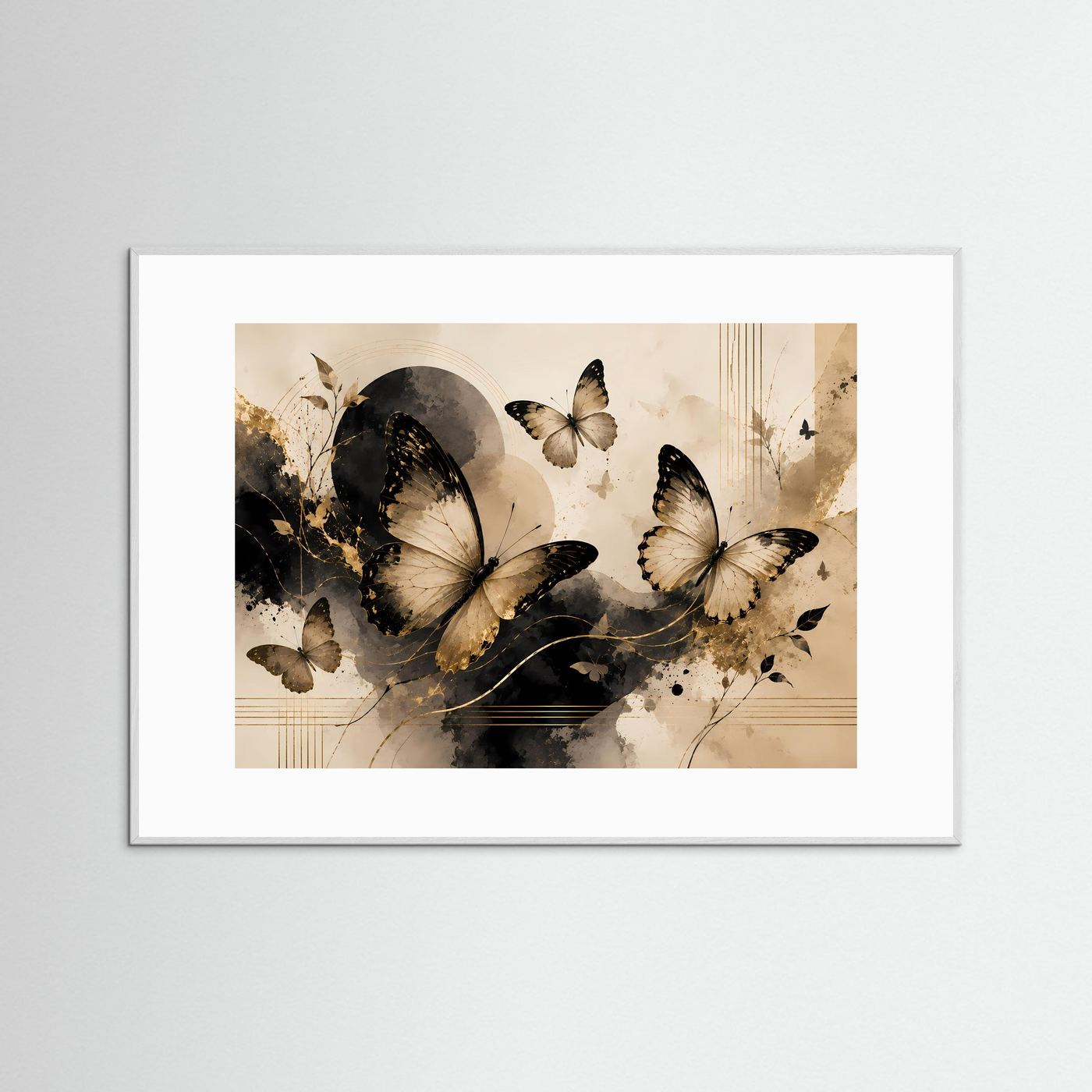 Querformat-Poster mit abstrakten Schmetterlingen in Schwarz und Beige; silberner Rahmen