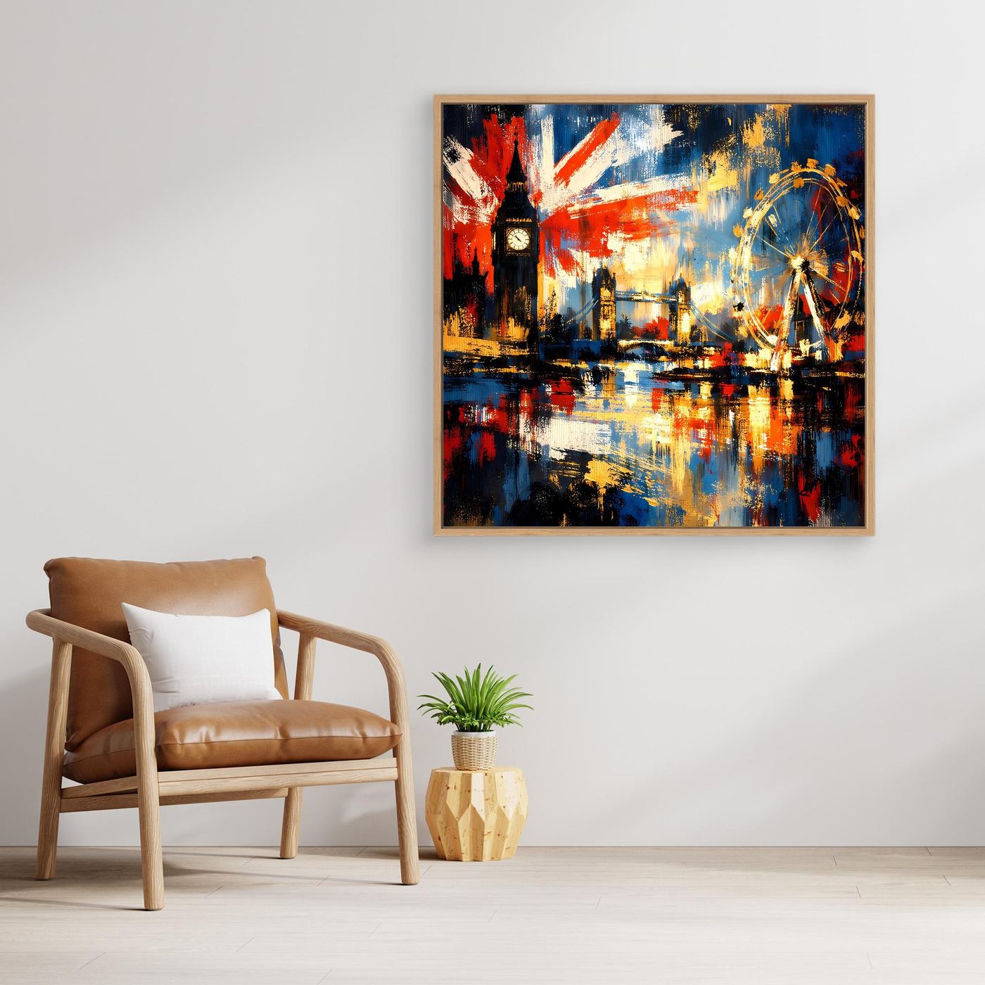 Gerahmtes abstraktes Leinwandbild: britische Flagge über London-Skyline mit leuchtenden Lichtern