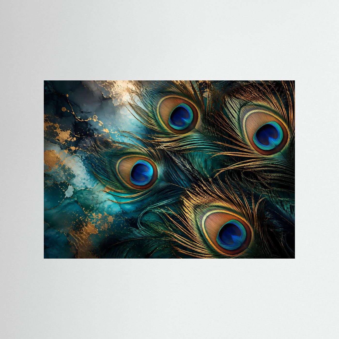Pfauenfedern Poster | Elegante Pfauenfeder Wandkunst mit Goldakzenten | Luxuriöse Abstrakte Naturkunst | Türkis Blau Gold | Premium Leinwand & Wall Art