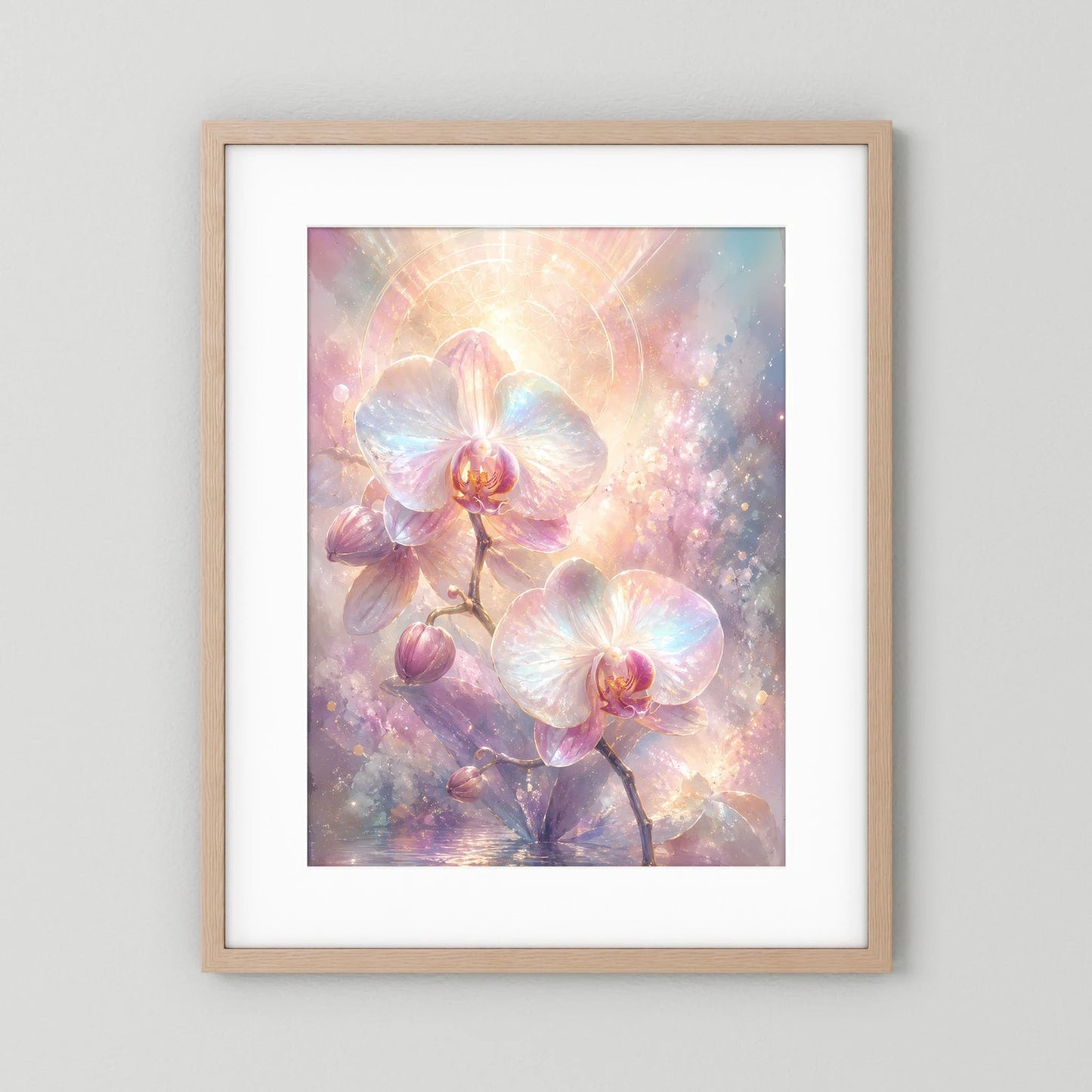 Hochformat-Orchideenposter mit weißem Passepartout im beigen Holzrahmen