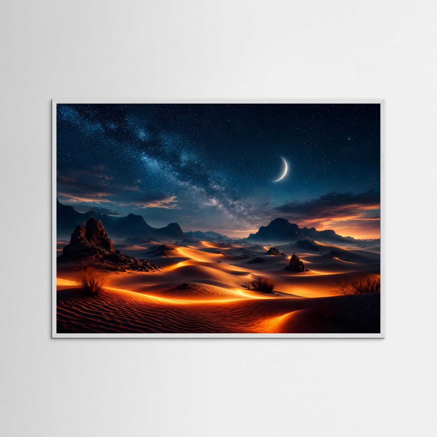 Wüstenlandschaft Poster Querformat | Sternenhimmel über Sanddünen | Magische Nacht Wüsten Wandkunst
