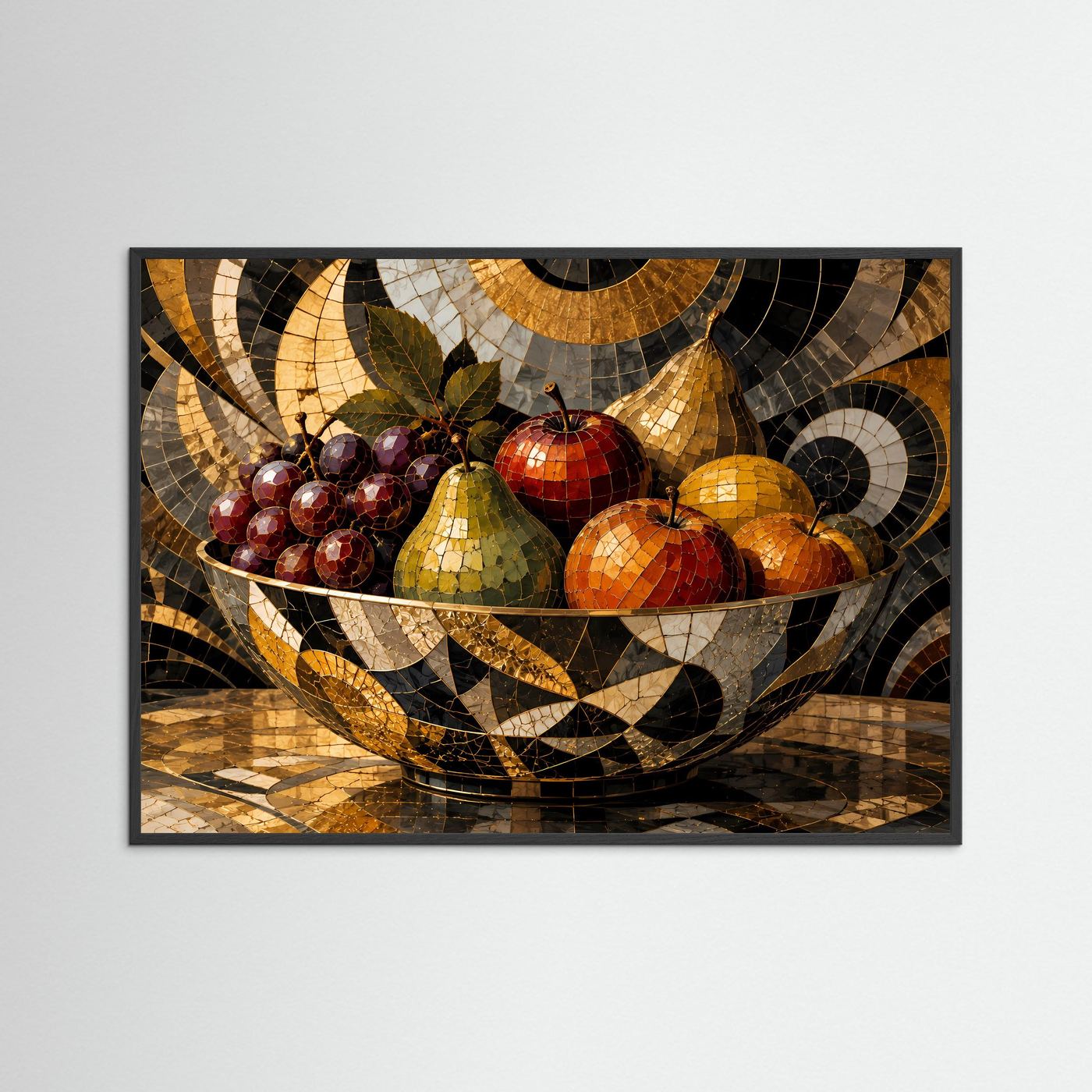 Mosaik-Obststillleben mit schwarzem Rahmen; Obstschale mit Trauben, Äpfeln und Birnen