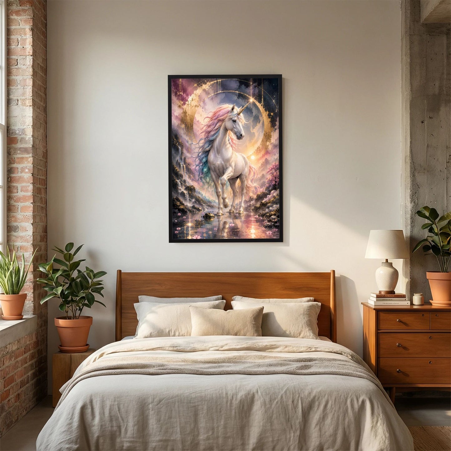 Gerahmtes Einhorn-Poster mit grauem Einhorn, pastellfarbener Mähne und goldenem Ring