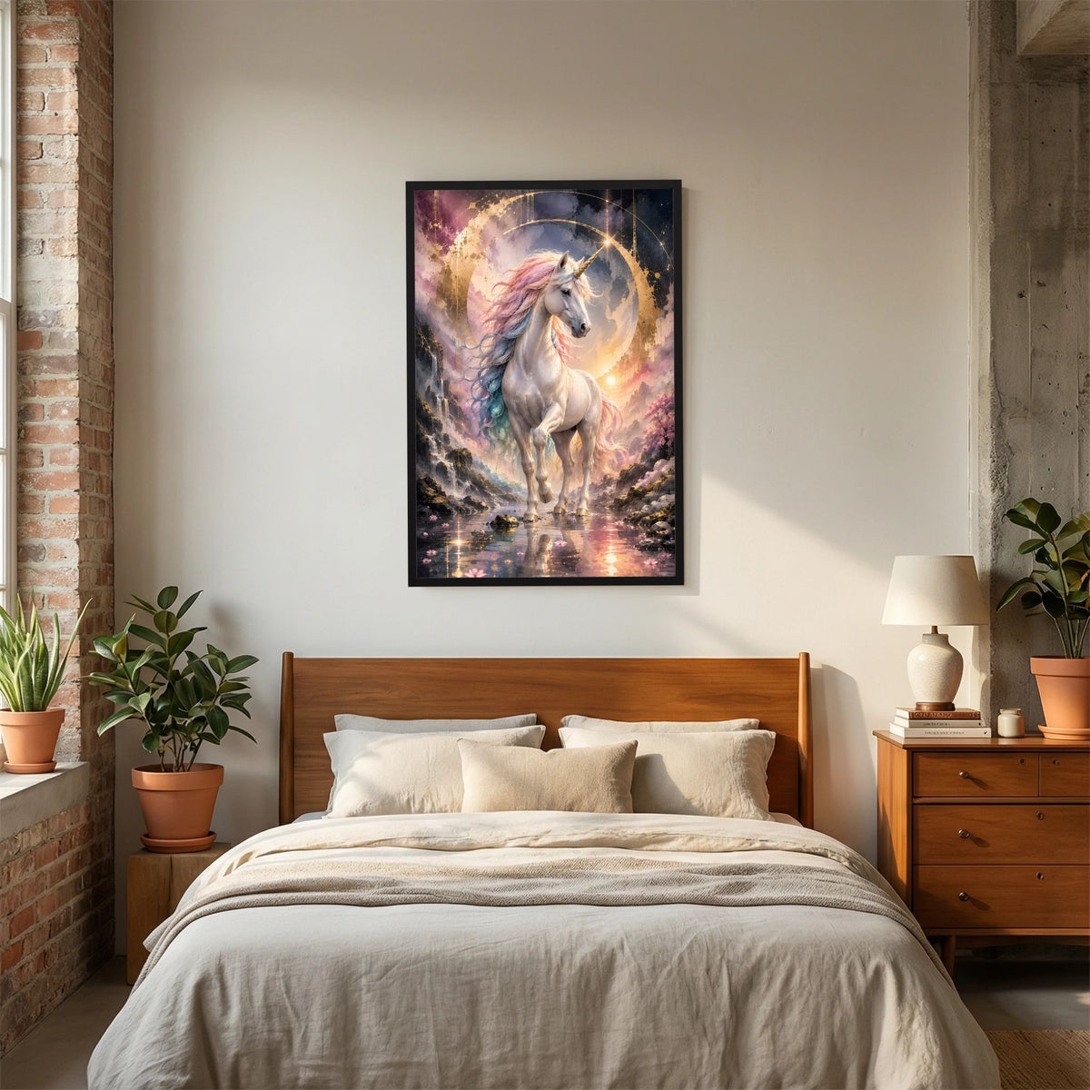 Gerahmtes Einhorn-Poster mit grauem Einhorn, pastellfarbener Mähne und goldenem Ring