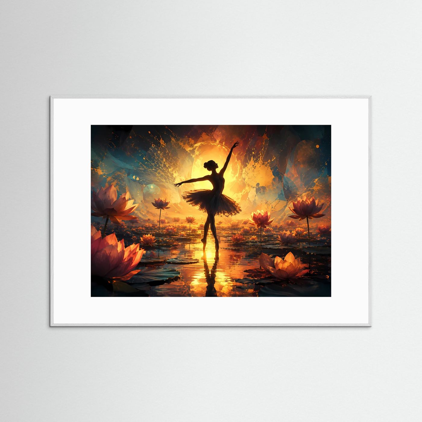 Ballerina Lotus Poster | Tänzerin Silhouette bei Sonnenuntergang | Spirituelle Wandkunst | Abstrakte Lotusblüten | Moderne Fine Art | Premium Wandbild