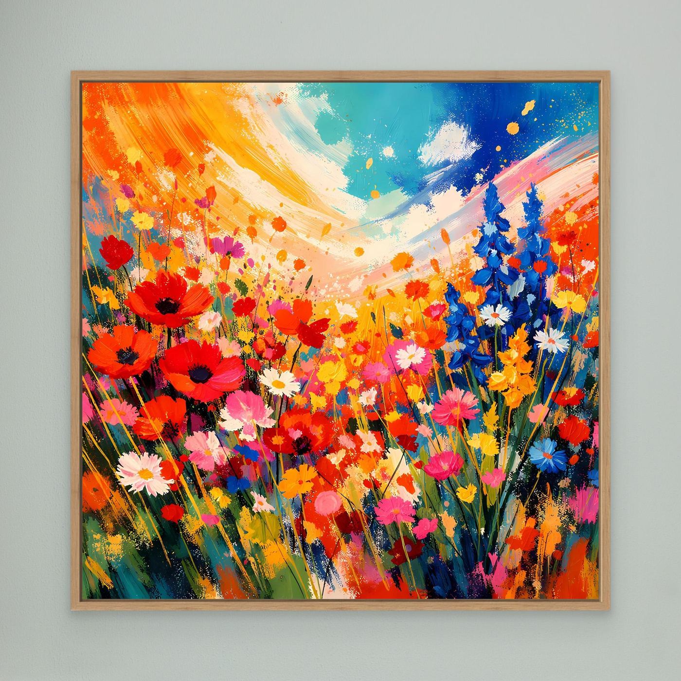 Leinwandbild mit abstrakter bunten Blumenwiese, rote und blaue Blüten, Eichenrahmen