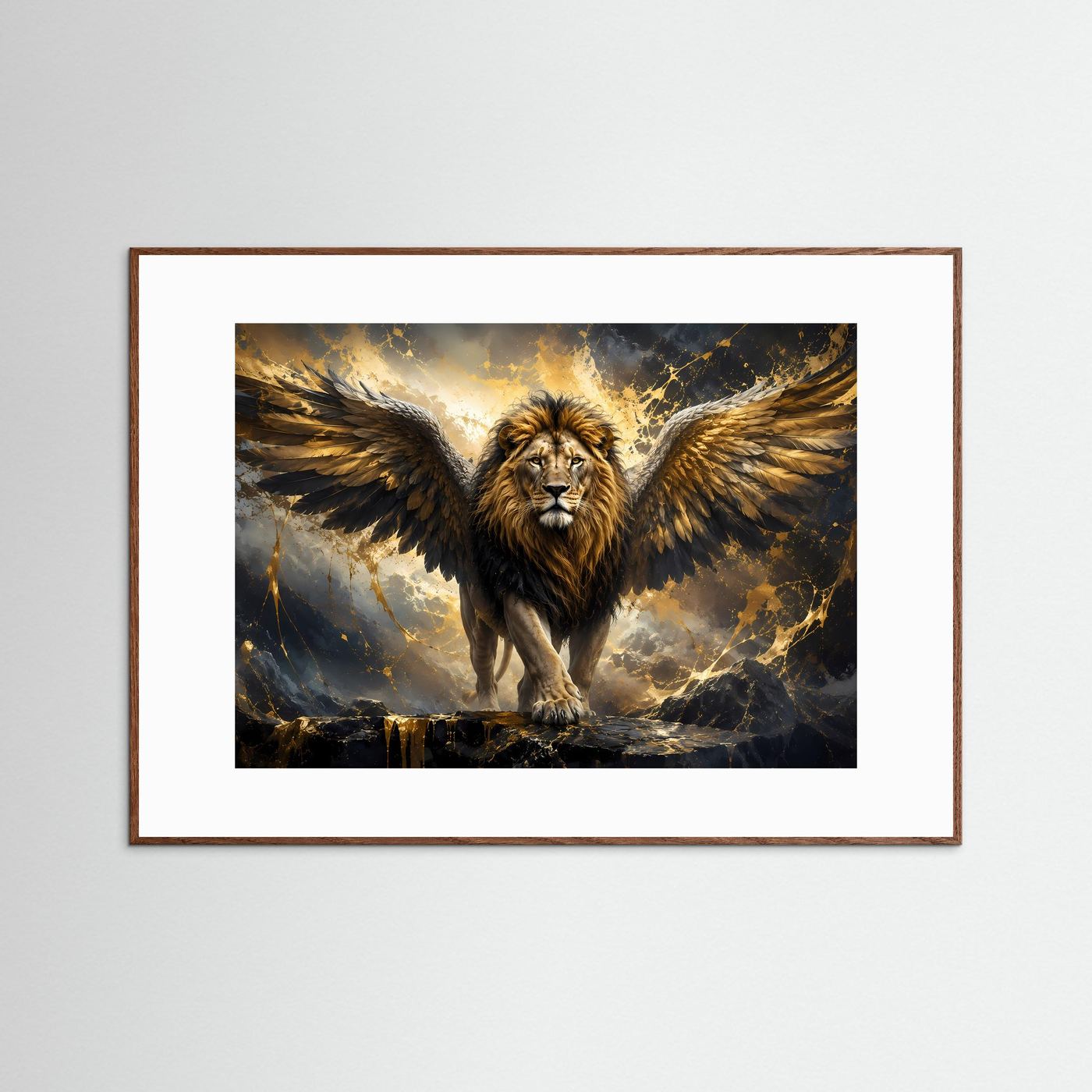 Geflügelter Löwe in Schwarz & Gold | Majestätische Fantasy Löwen Kunst