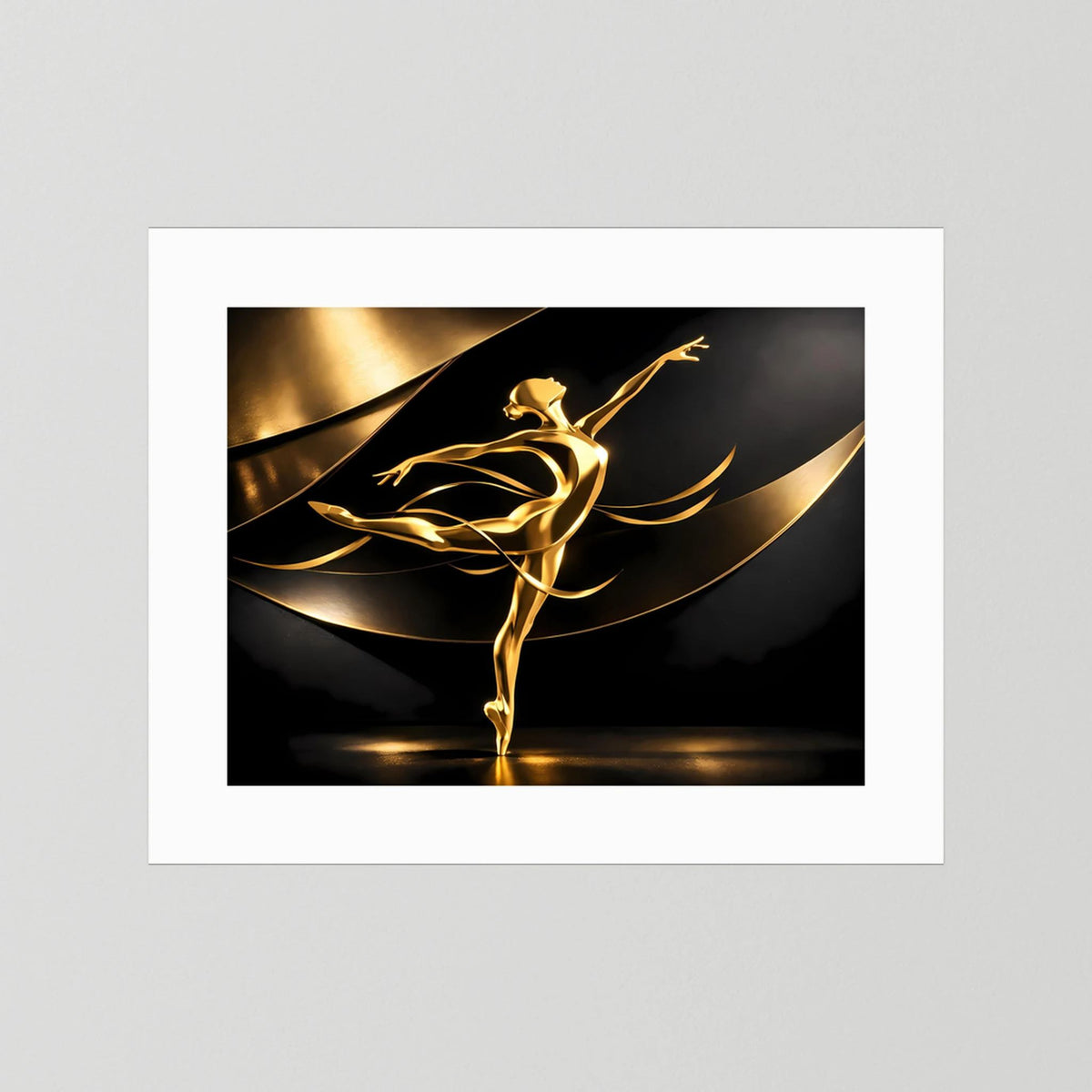 Poster im Passepartout mit goldener Ballerinafigur auf schwarzem Hintergrund.