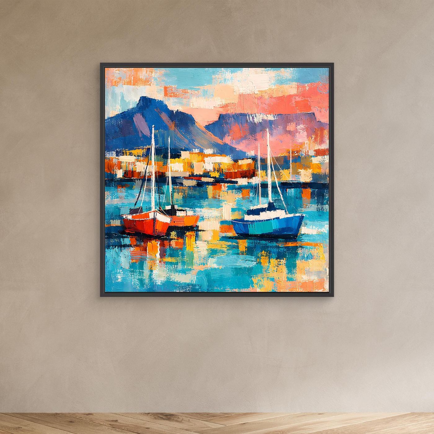 Leinwand-Wandbild mit Segelbooten, schwarzer Rahmen, farbiges Hafenmotiv in Blau und Orange